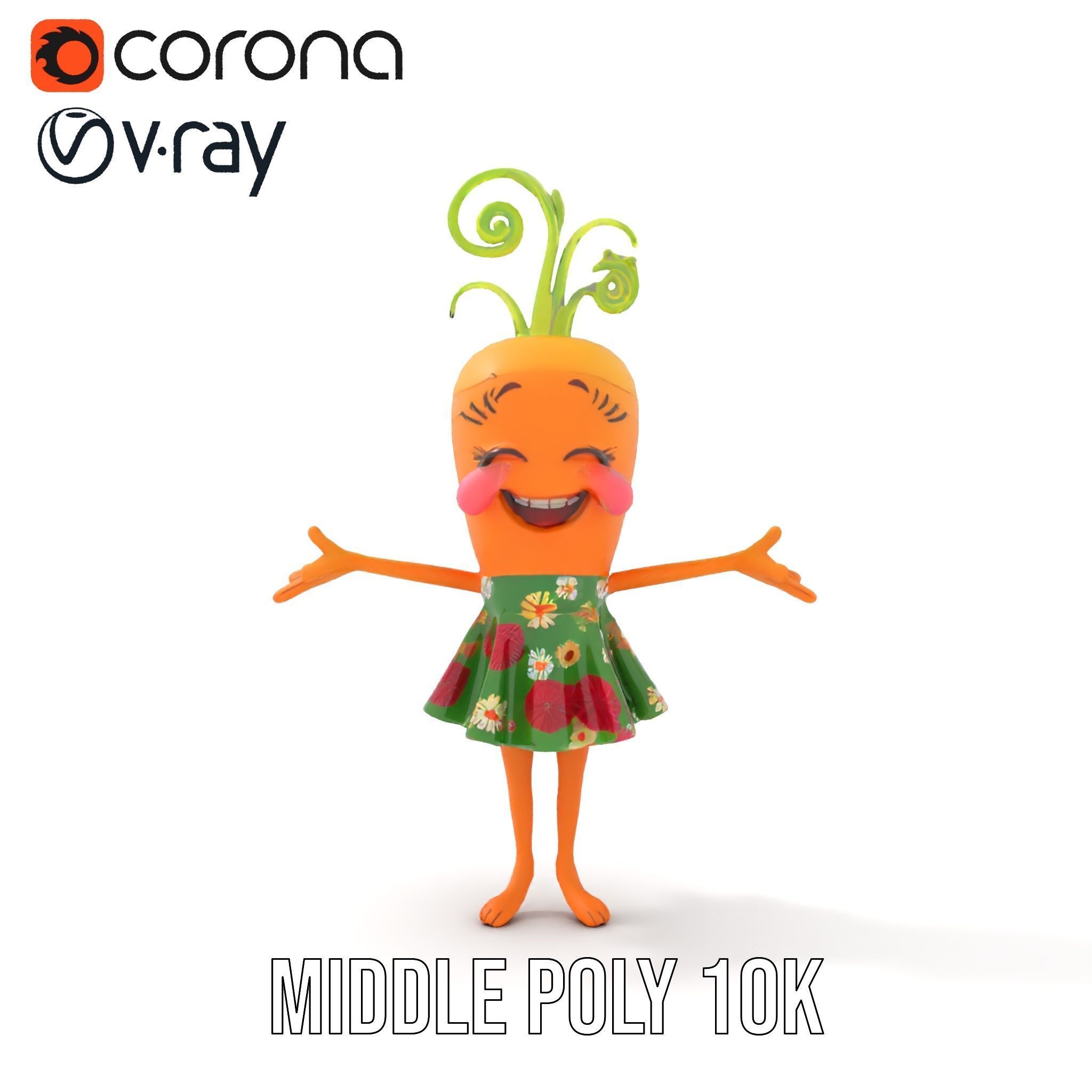 Smiling Carrot Character with Floral Dress Rigged and Animated Low-poly 3D model_17