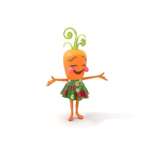 Smiling Carrot Character with Floral Dress Rigged and Animated Low-poly 3D model