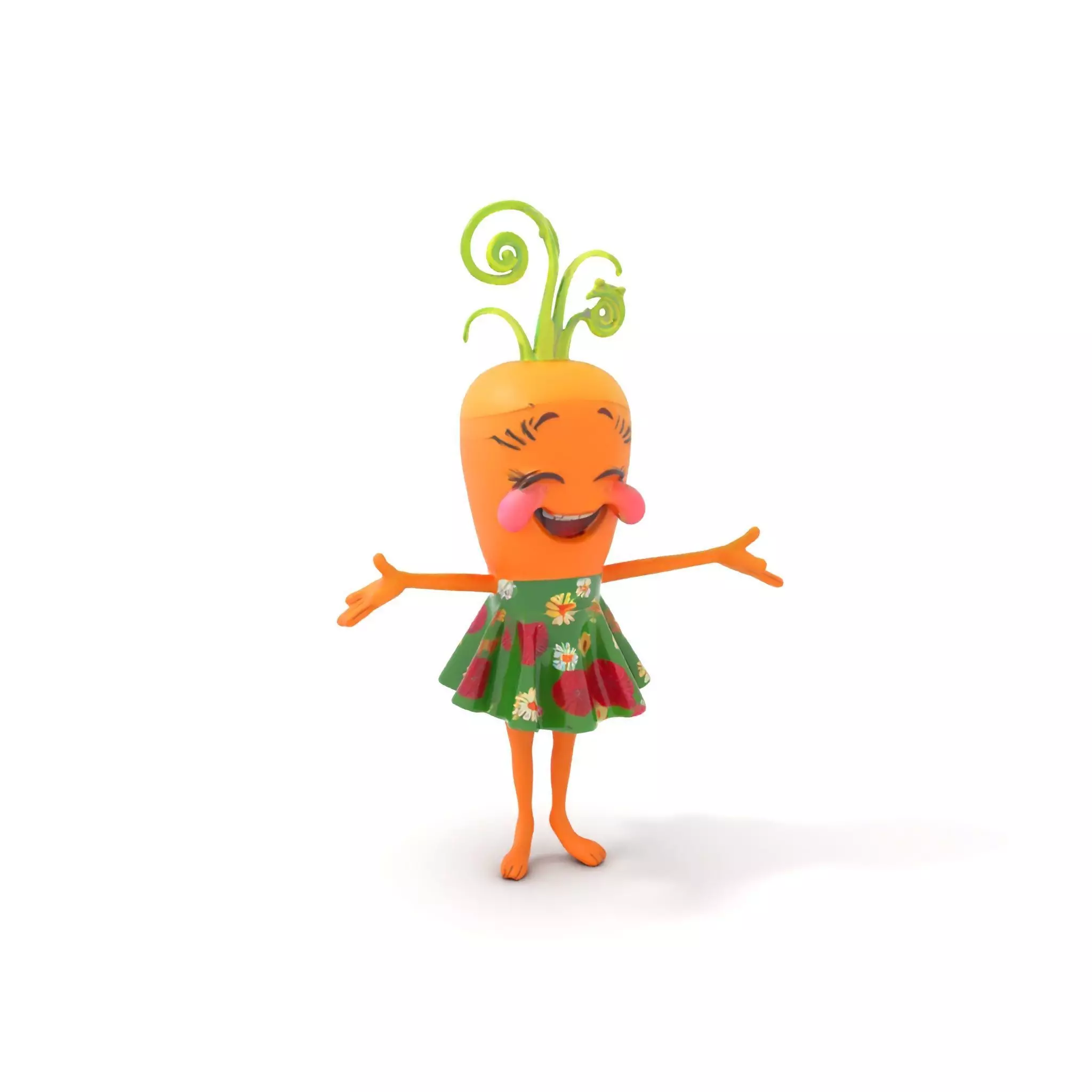 Smiling Carrot Character with Floral Dress Rigged and Animated Low-poly 3D model_0