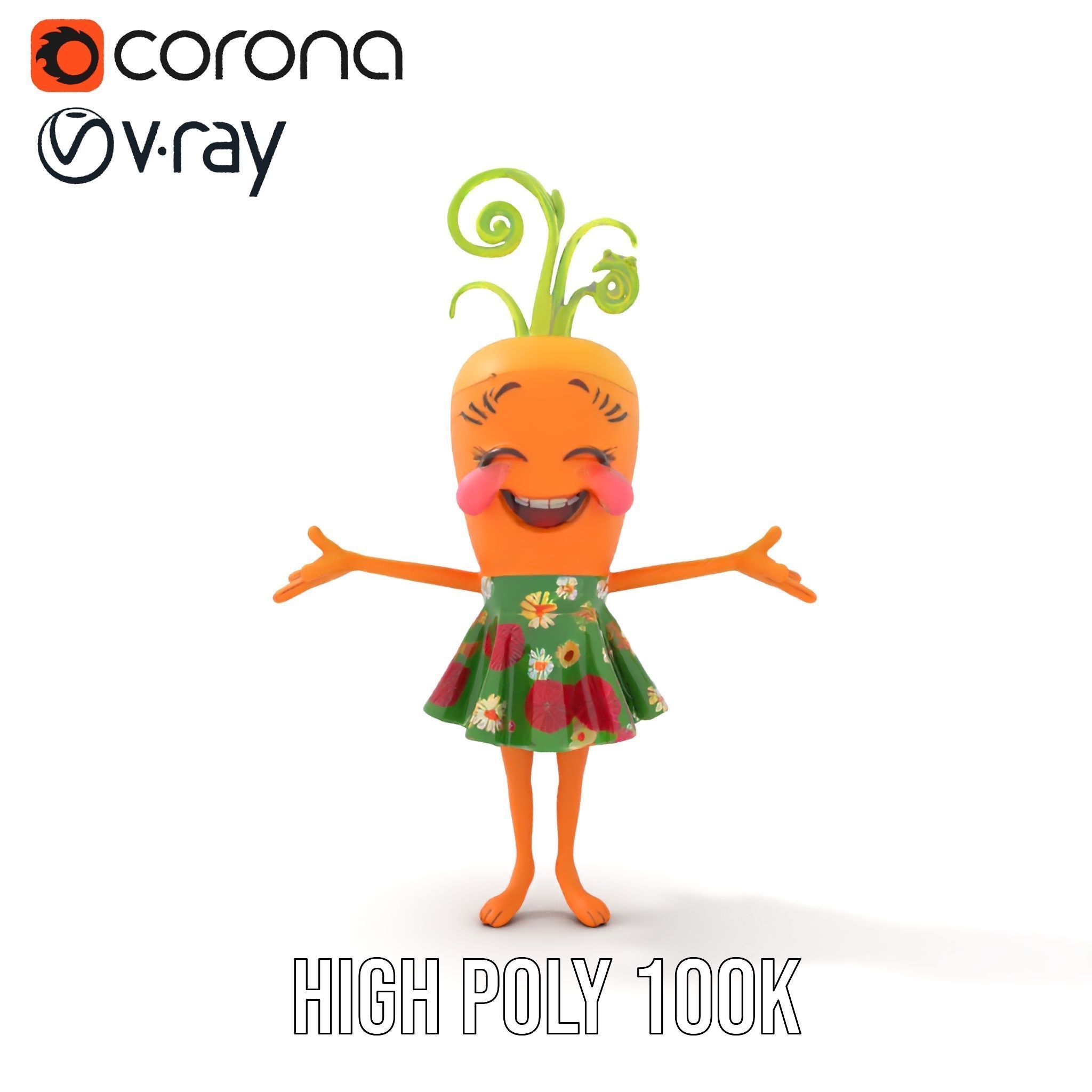 Smiling Carrot Character with Floral Dress Rigged and Animated Low-poly 3D model_28
