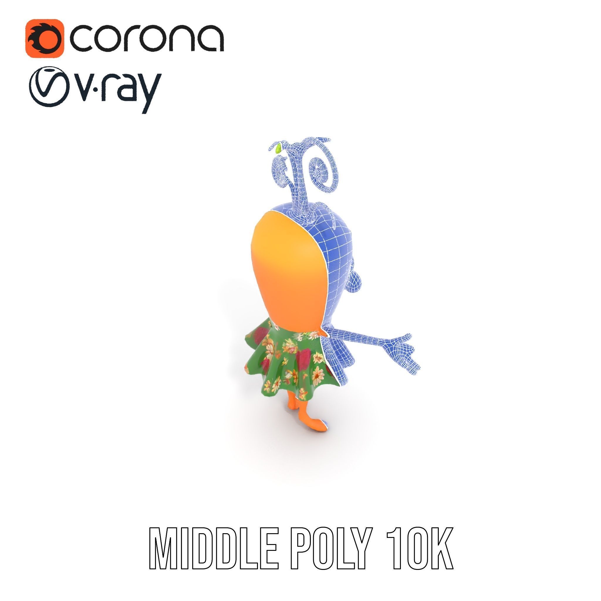 Smiling Carrot Character with Floral Dress Rigged and Animated Low-poly 3D model_29