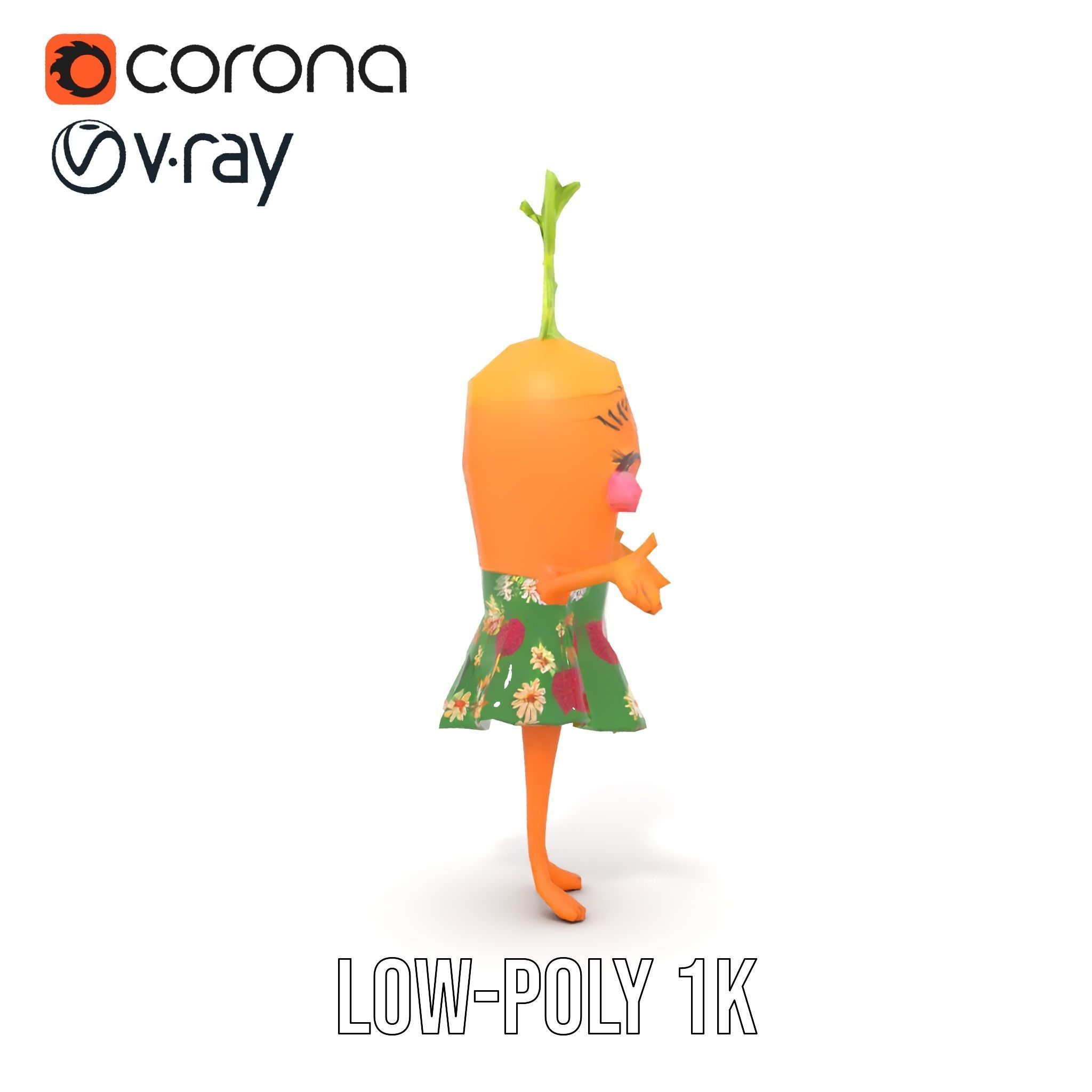 Smiling Carrot Character with Floral Dress Rigged and Animated Low-poly 3D model_13