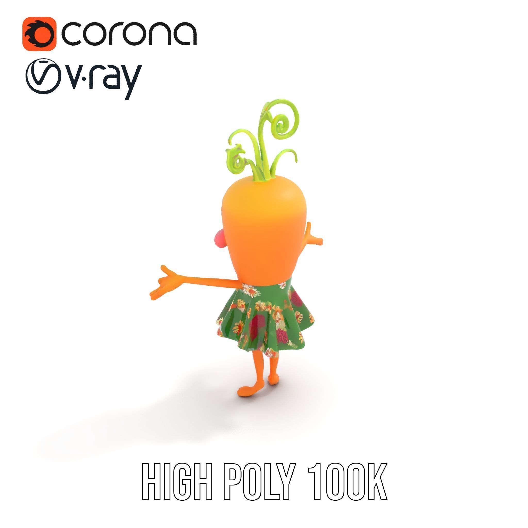Smiling Carrot Character with Floral Dress Rigged and Animated Low-poly 3D model_9