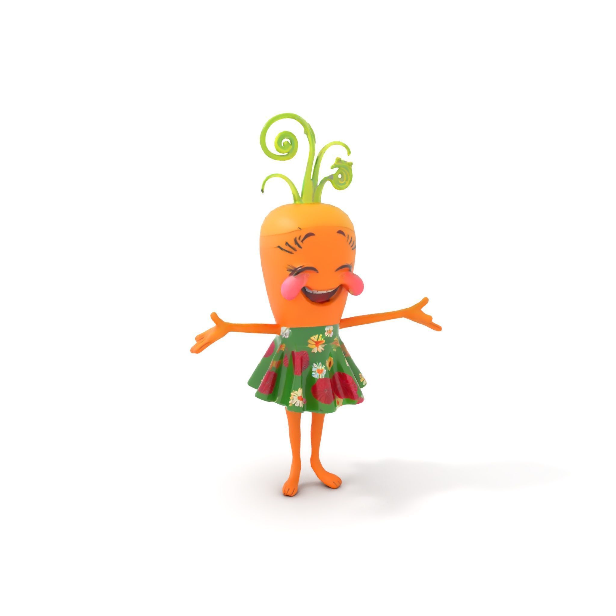 Smiling Carrot Character with Floral Dress Rigged and Animated Low-poly 3D model_12