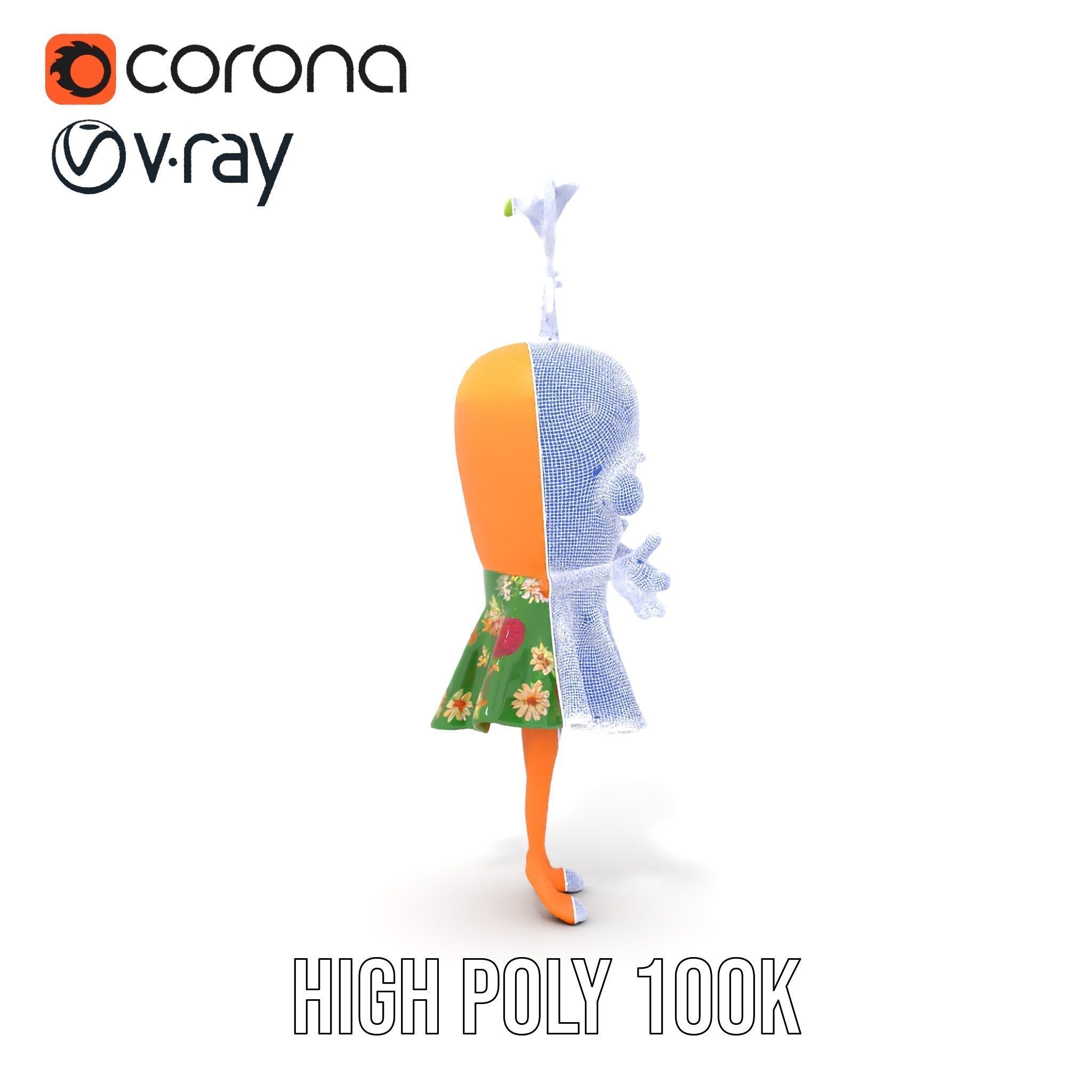 Smiling Carrot Character with Floral Dress Rigged and Animated Low-poly 3D model_31