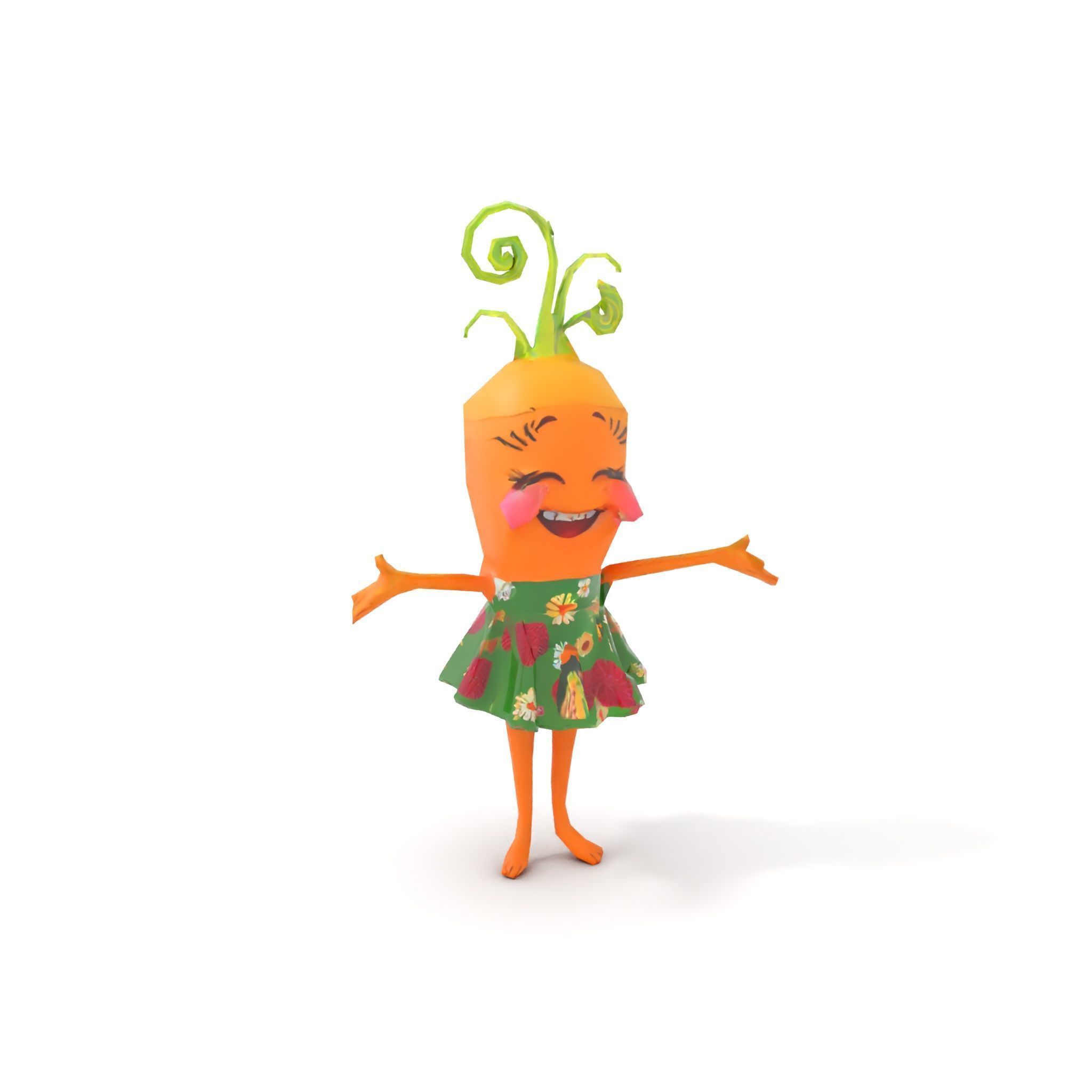 Smiling Carrot Character with Floral Dress Rigged and Animated Low-poly 3D model_11