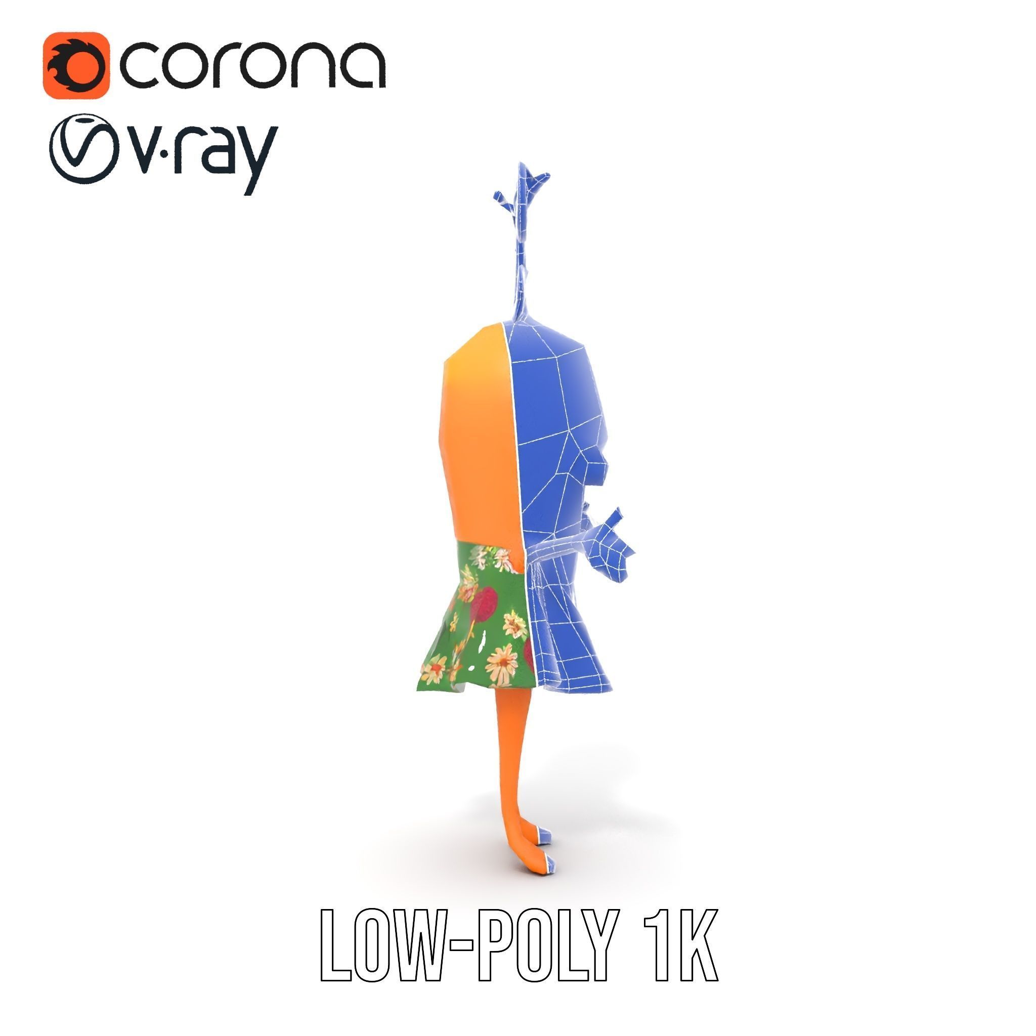 Smiling Carrot Character with Floral Dress Rigged and Animated Low-poly 3D model_24