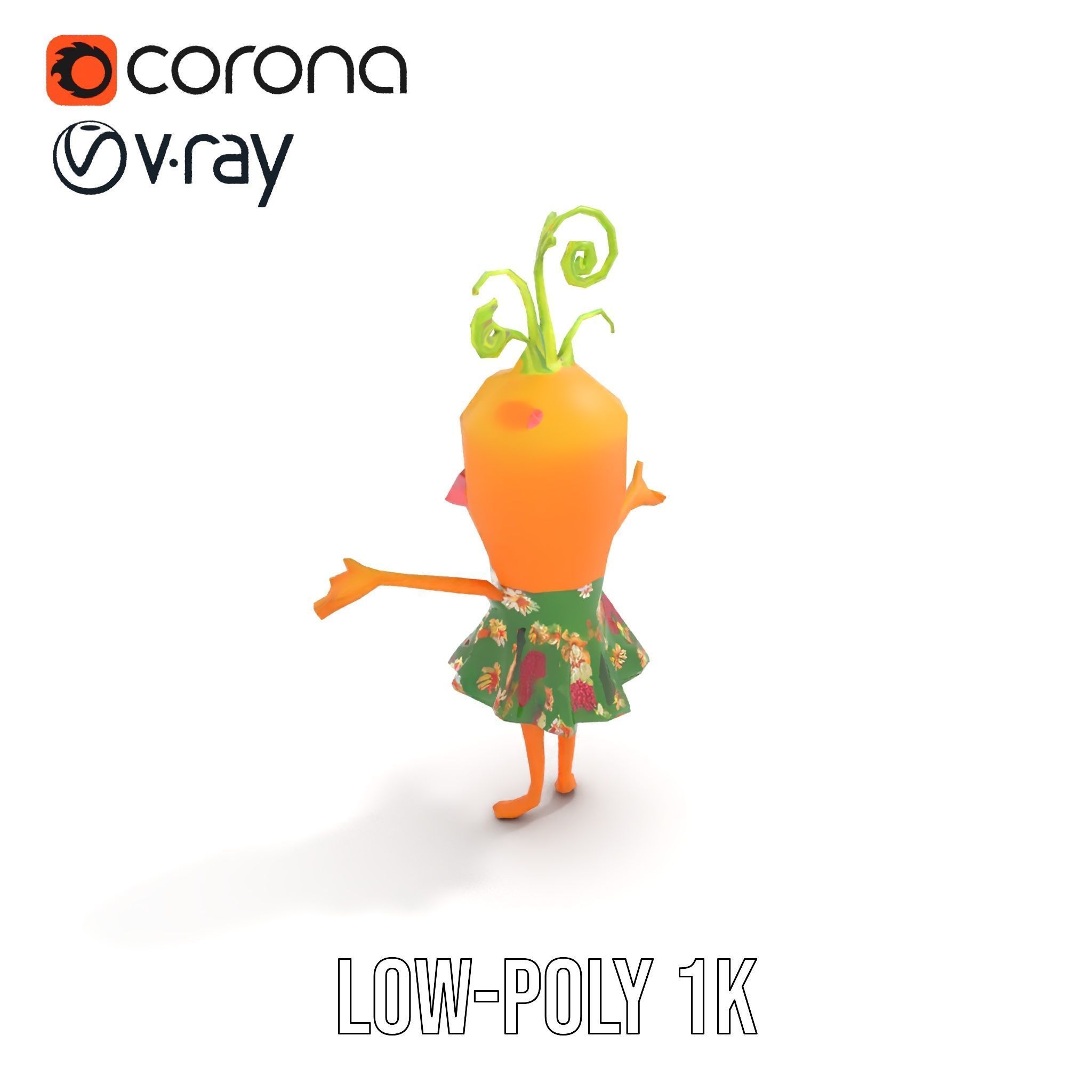 Smiling Carrot Character with Floral Dress Rigged and Animated Low-poly 3D model_7