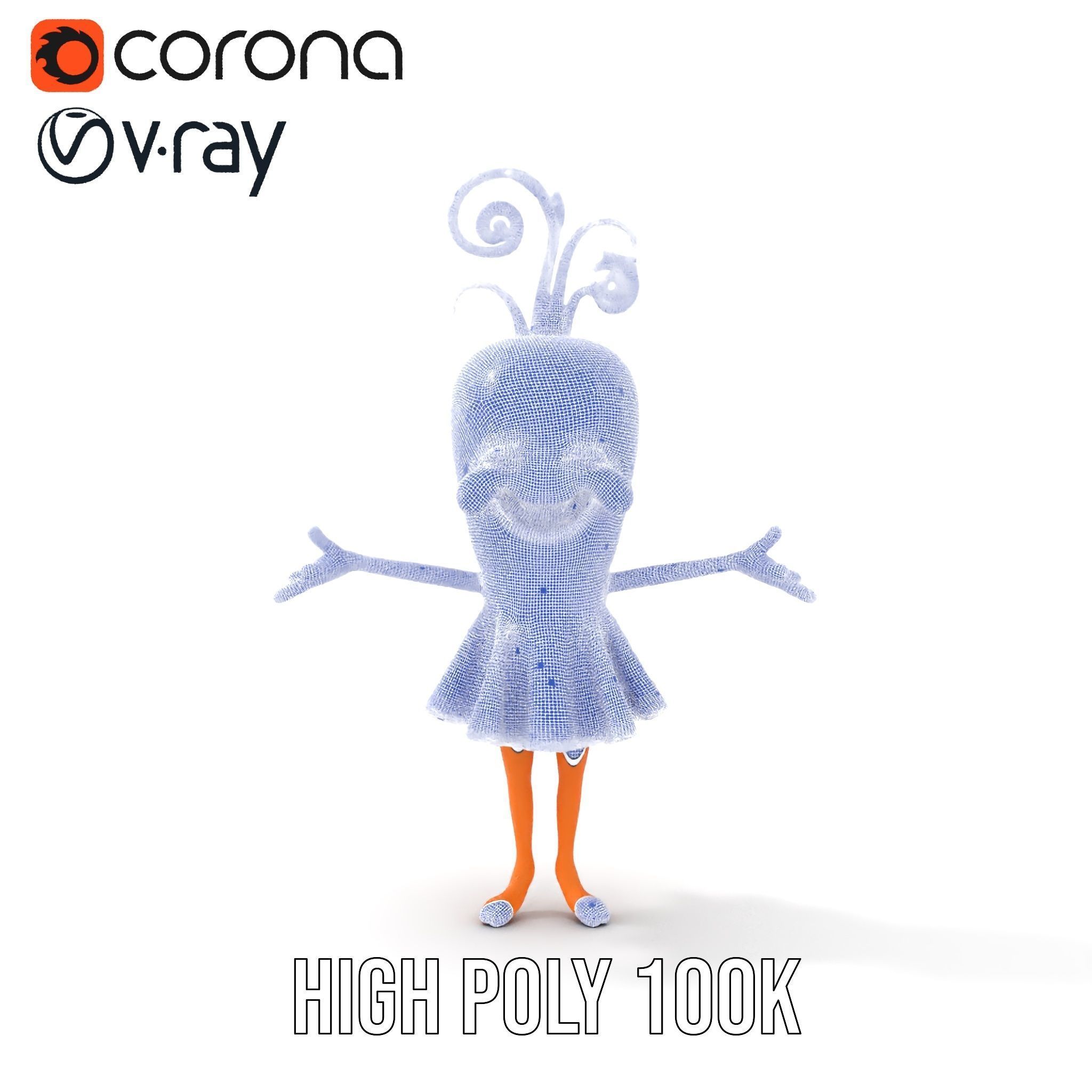 Smiling Carrot Character with Floral Dress Rigged and Animated Low-poly 3D model_35