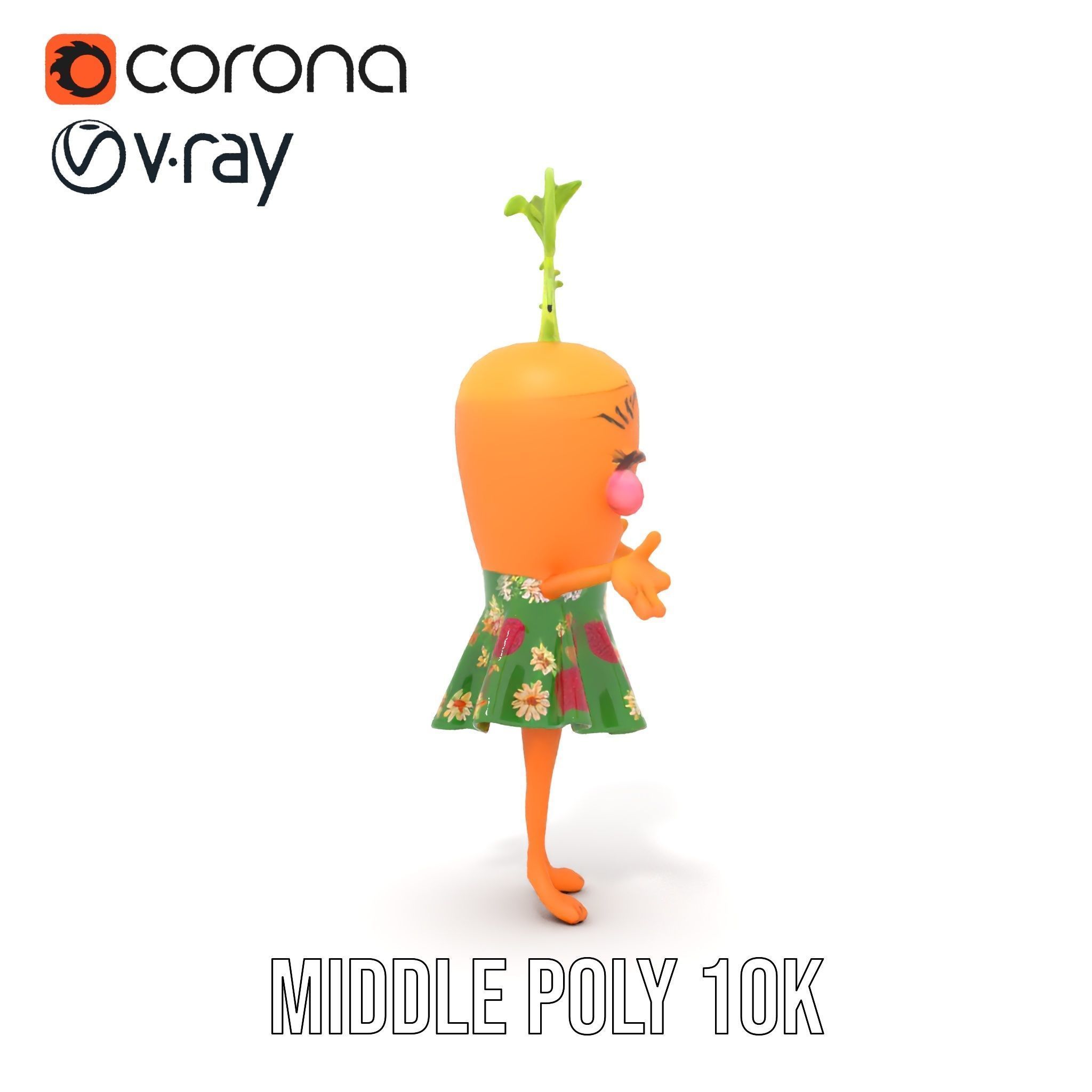 Smiling Carrot Character with Floral Dress Rigged and Animated Low-poly 3D model_14