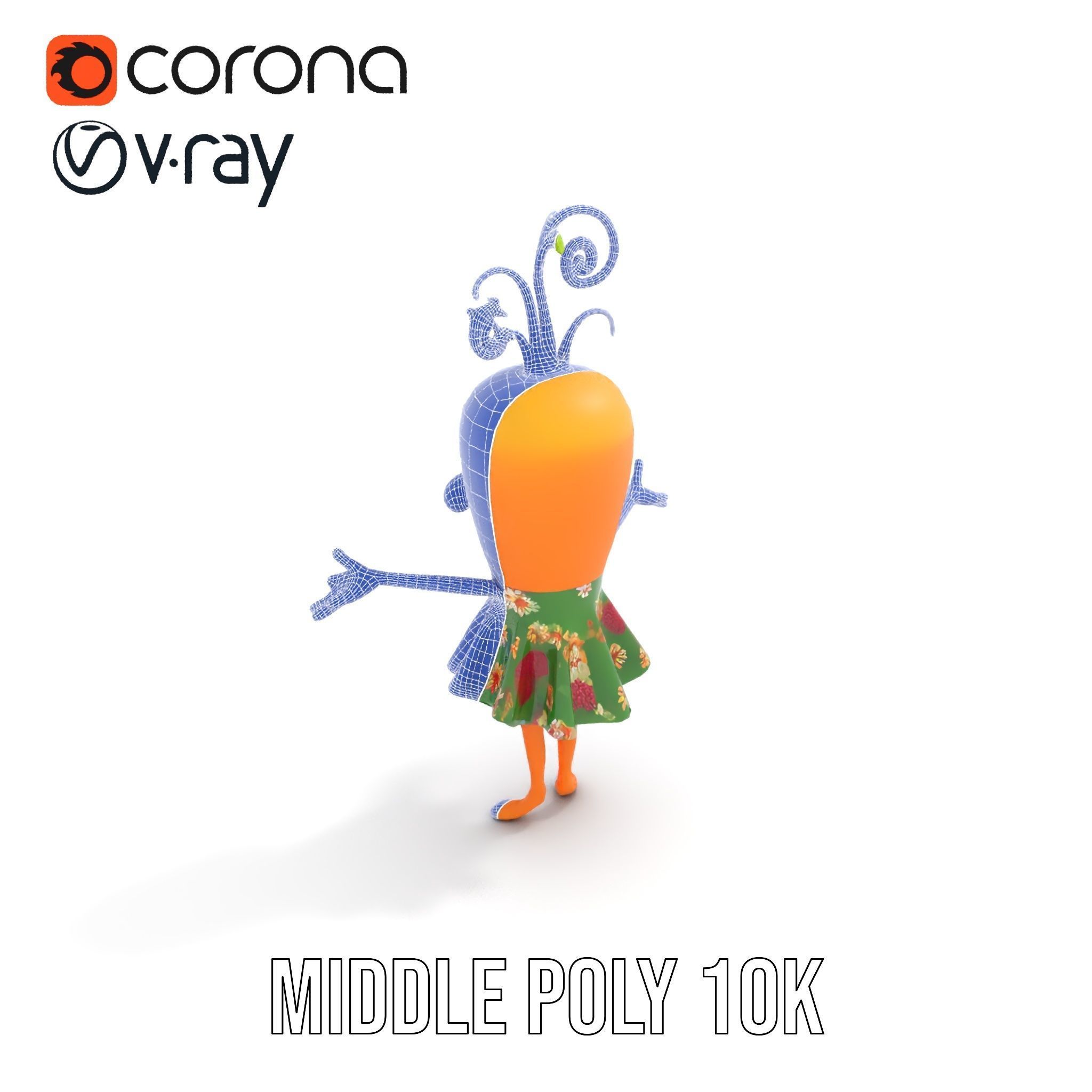 Smiling Carrot Character with Floral Dress Rigged and Animated Low-poly 3D model_20