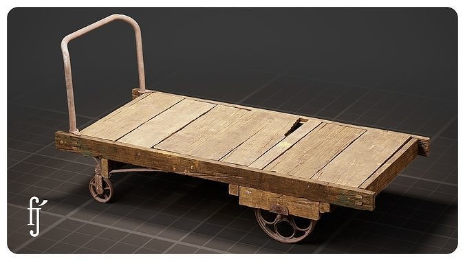 Old Worn Wooden Platform Factory Trolley Low-poly 3D model