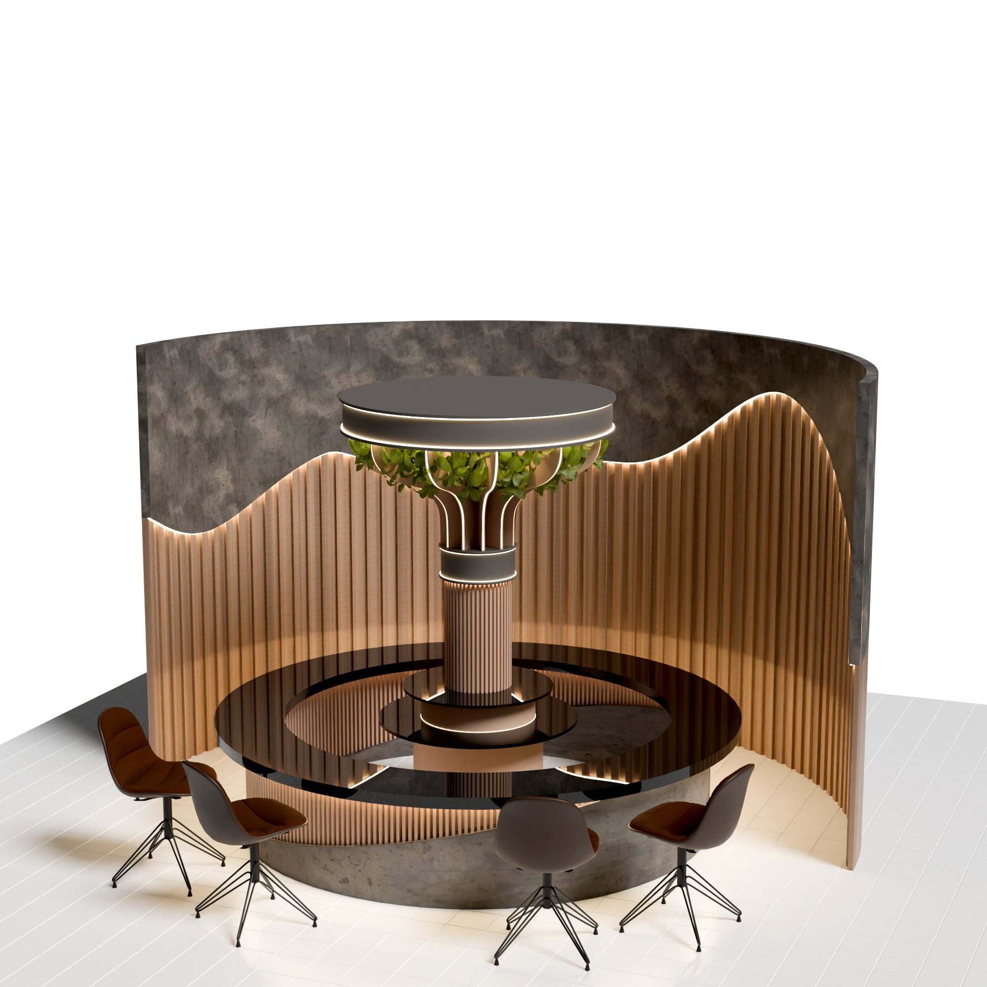 Modern Circular Futuristic Seating Booth with Greenery Column 3D model_2
