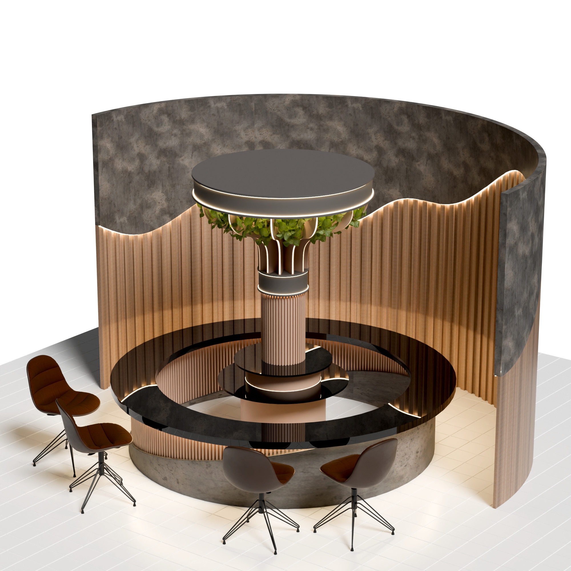 Modern Circular Futuristic Seating Booth with Greenery Column 3D model_4