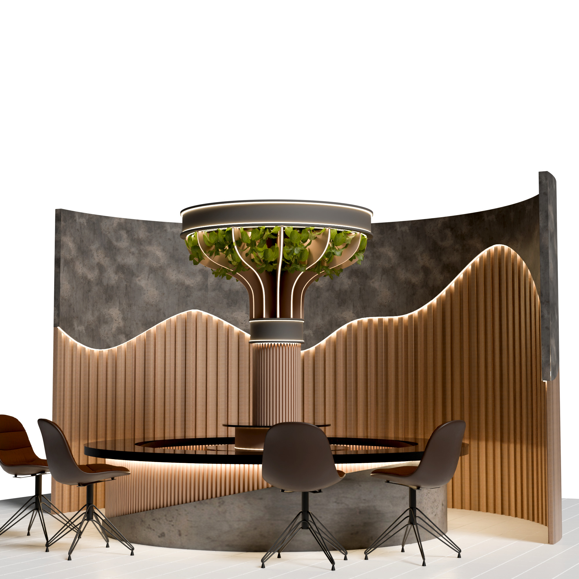 Modern Circular Futuristic Seating Booth with Greenery Column 3D model_1