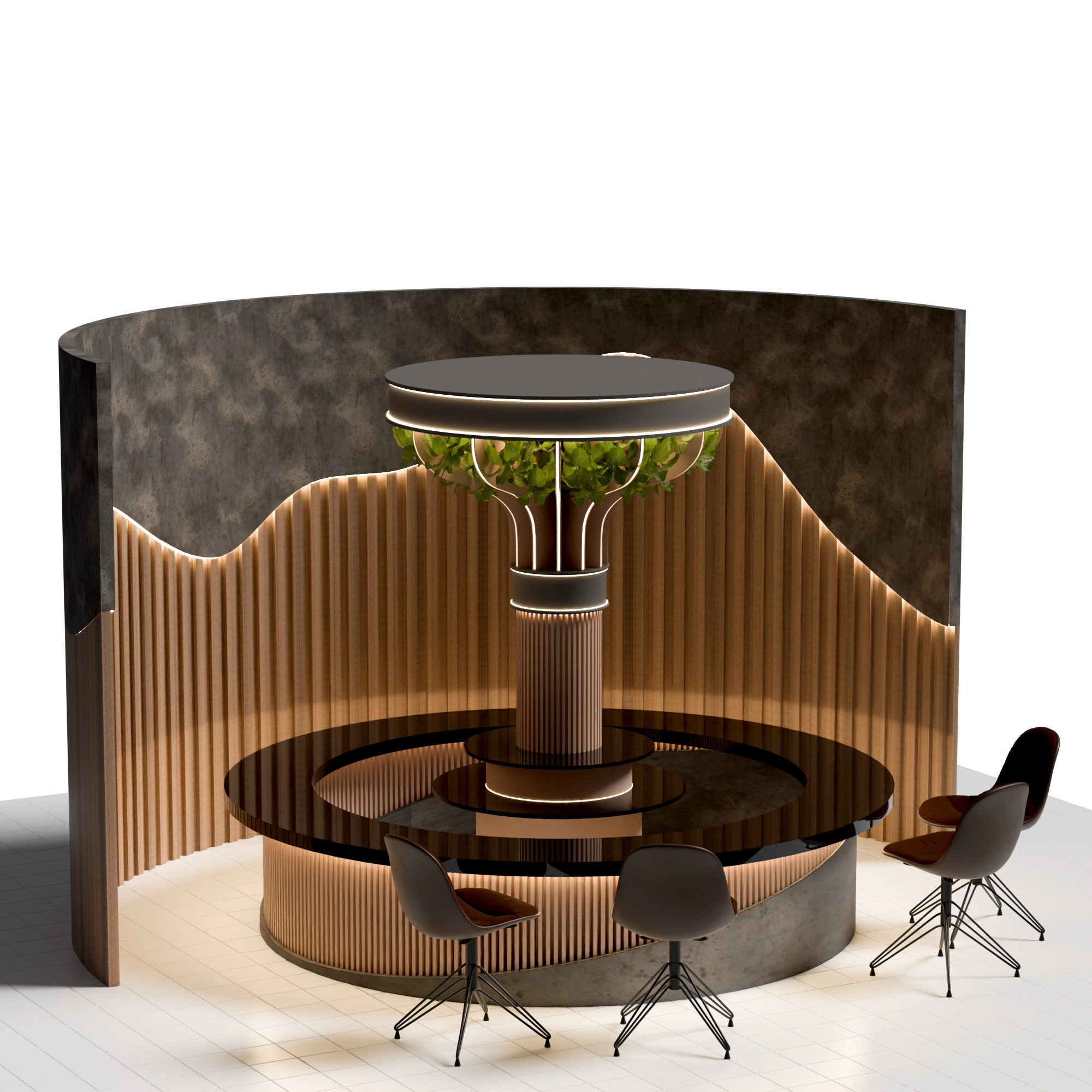 Modern Circular Futuristic Seating Booth with Greenery Column 3D model_3