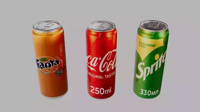 Realistic Soda Cans 3D Model - CocaCola Fanta Sprite 3 Variants