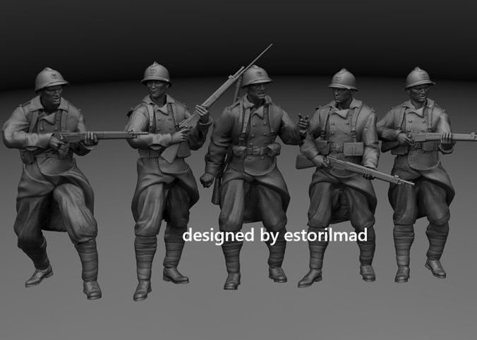 WW2 PACK OF 5 FRENCH SOLDIERS IN ACTION 3D print model