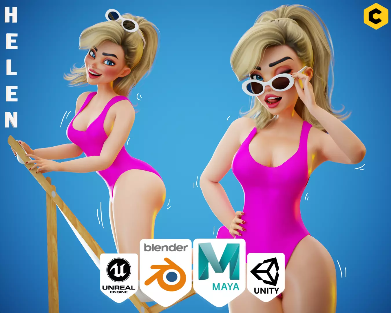 Game Cartoon Barbie Girl Character rigged - Helen Low-poly 3D model