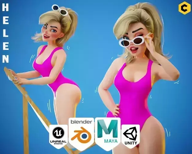 Game Sexy Cartoon Barbie Girl Character rigged - Helen
