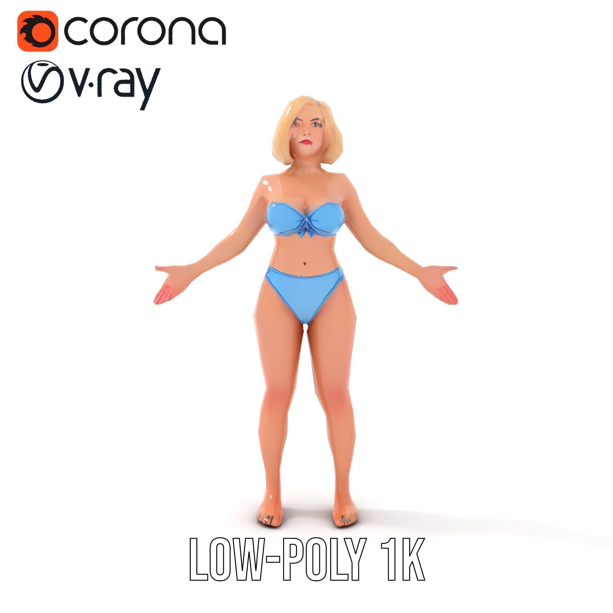 Blonde Female Model in Blue Bikini Rigged and Animated Low-poly 3D model_7