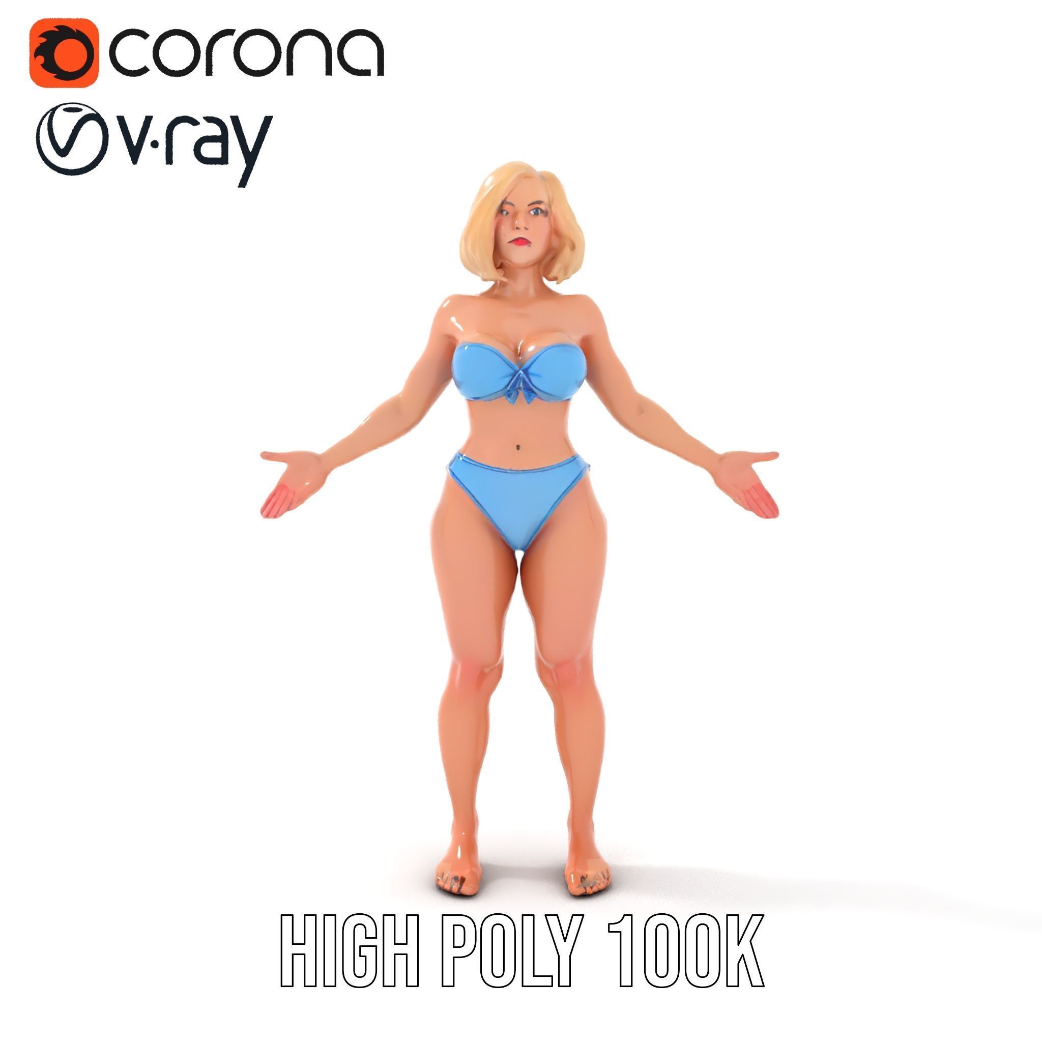 Blonde Female Model in Blue Bikini Rigged and Animated Low-poly 3D model_20