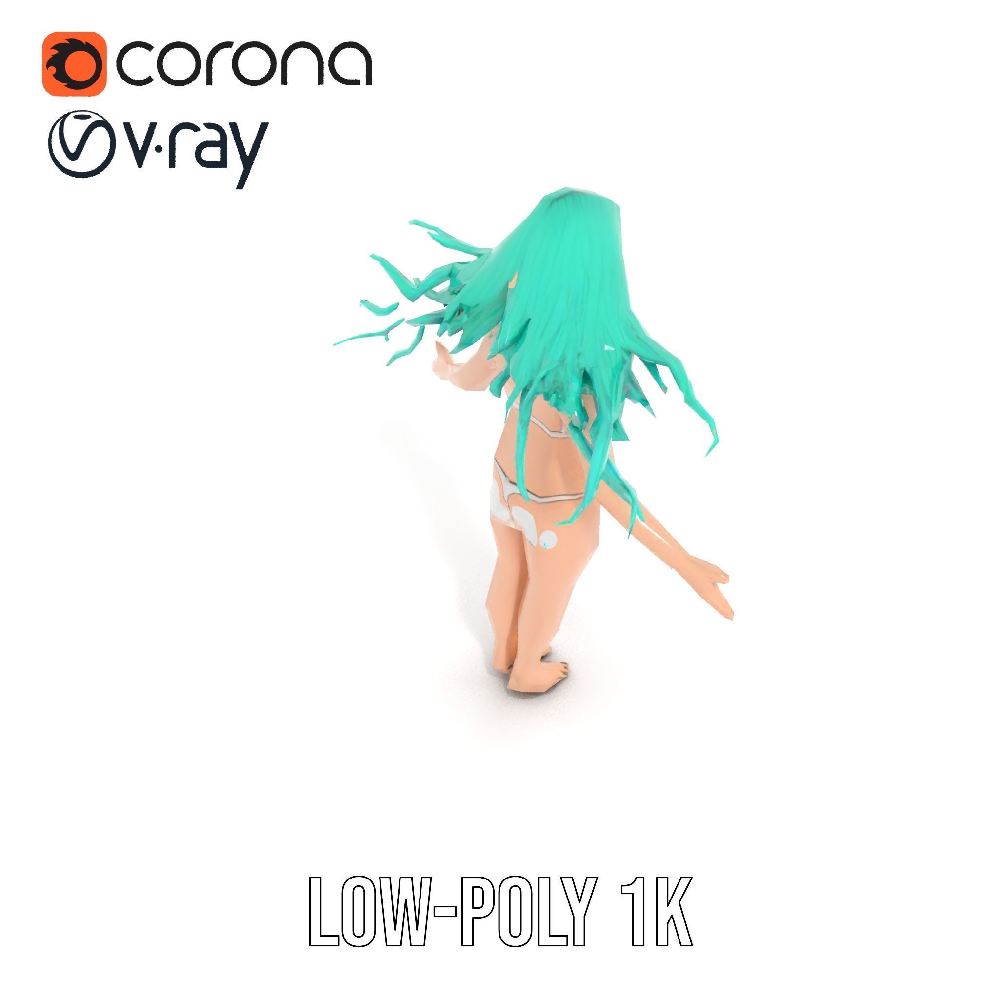 EmeraldHaired Bikini Character Rigged and Animated Low-poly 3D model_8