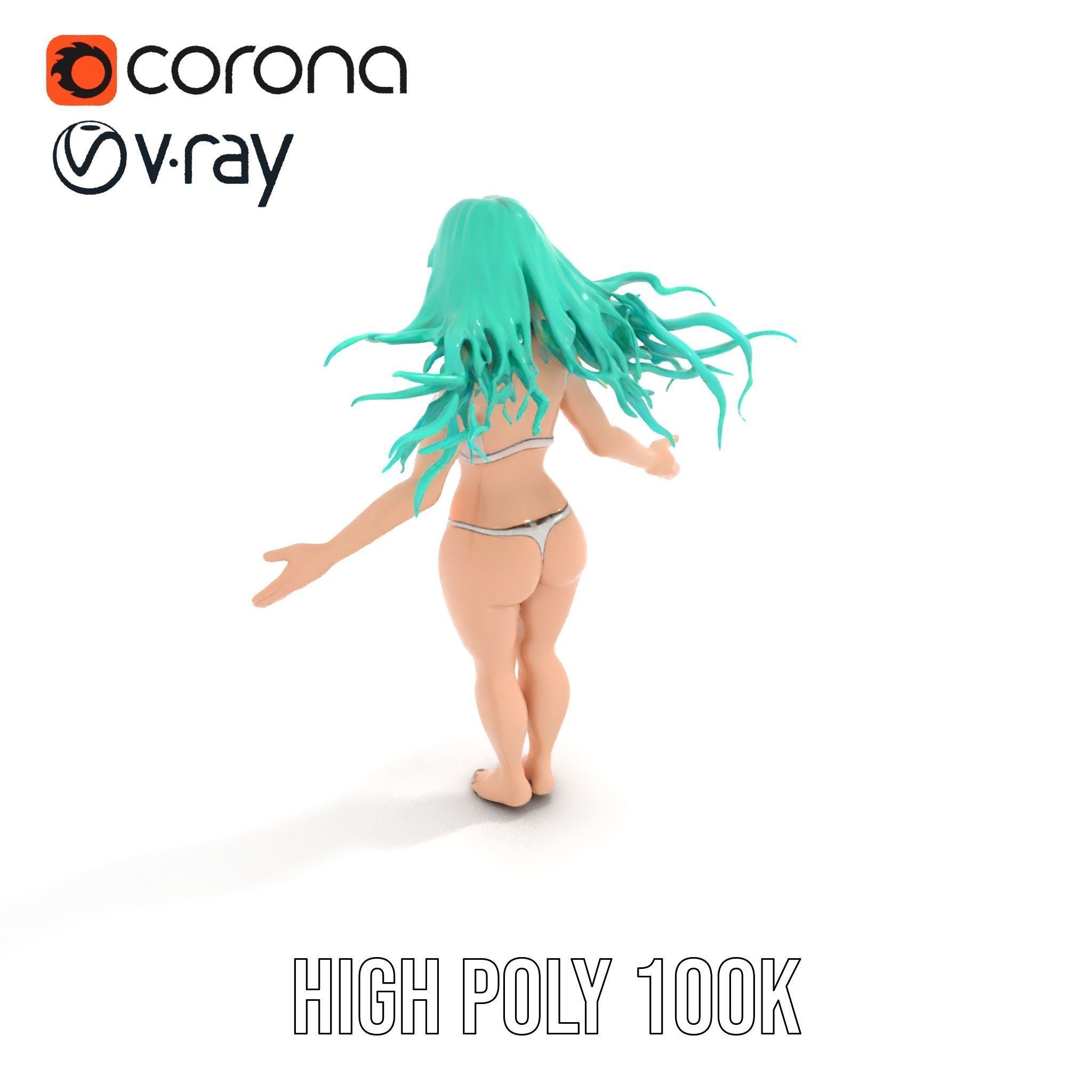 EmeraldHaired Bikini Character Rigged and Animated Low-poly 3D model_20