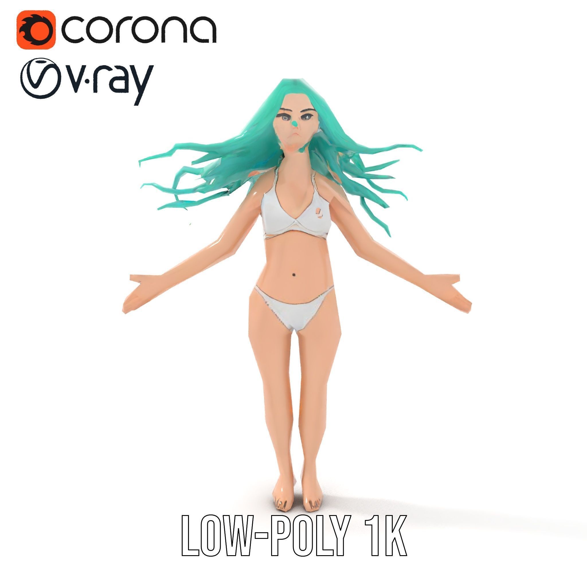 EmeraldHaired Bikini Character Rigged and Animated Low-poly 3D model_13