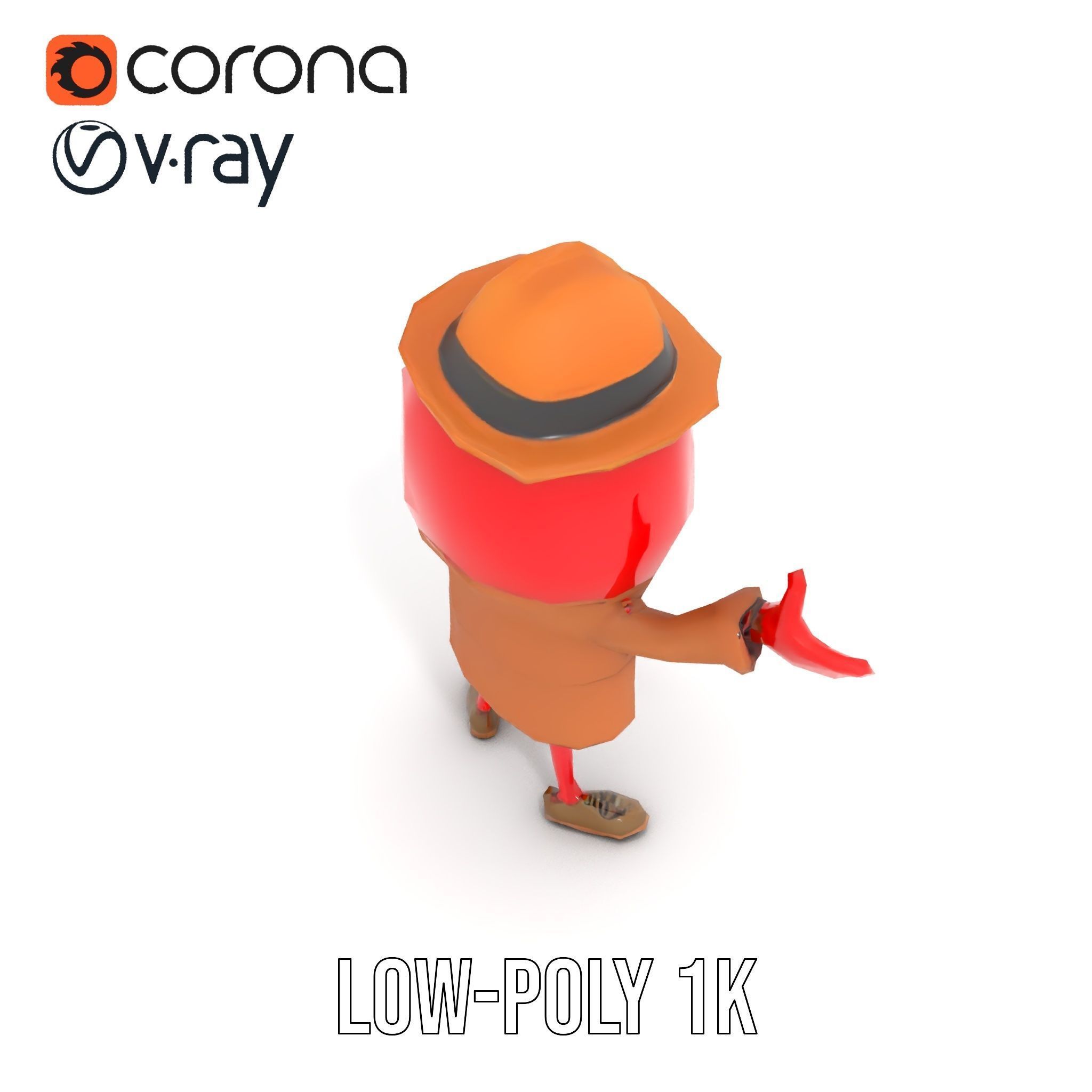 Cheery Red Character in Brown Coat Rigged and Animated Low-poly 3D model_7