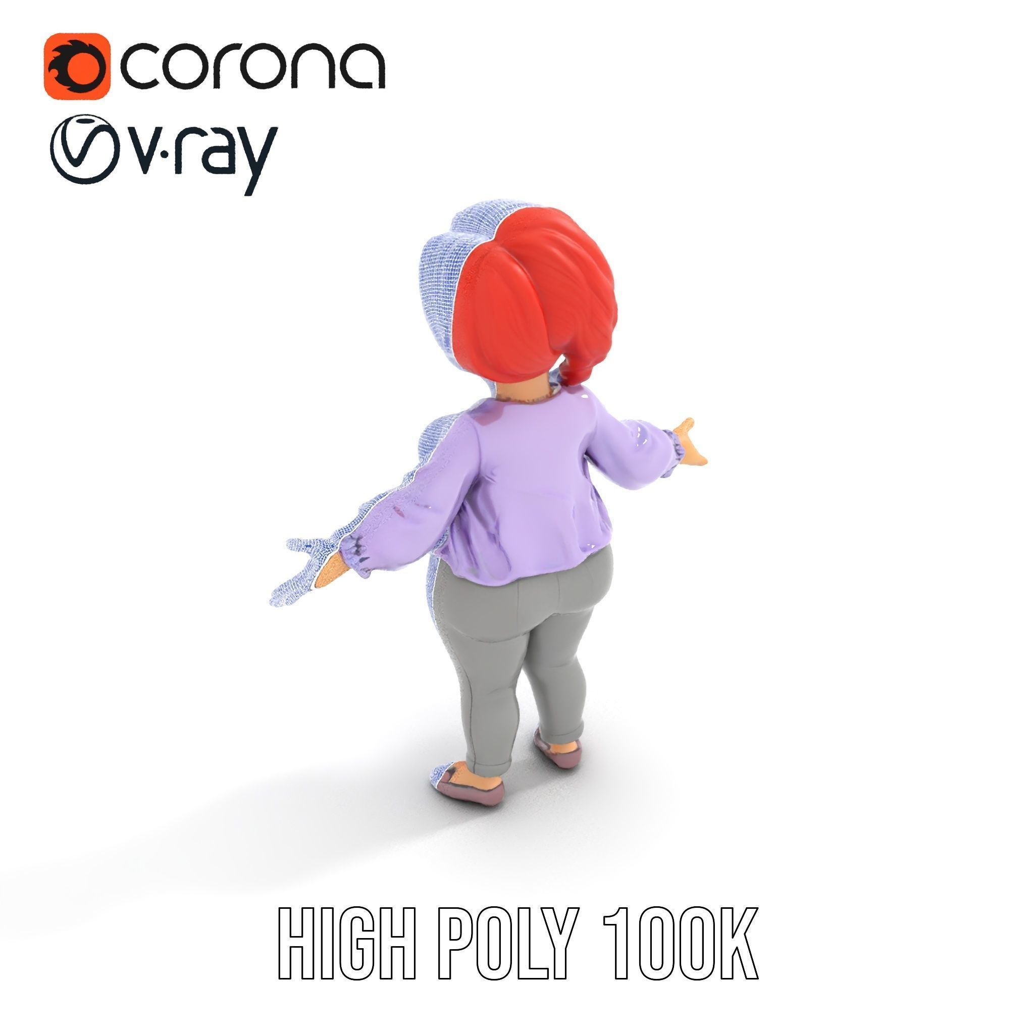 Rigged and Animated Redhead Cartoon Character in Casual Outfit Low-poly 3D model_14