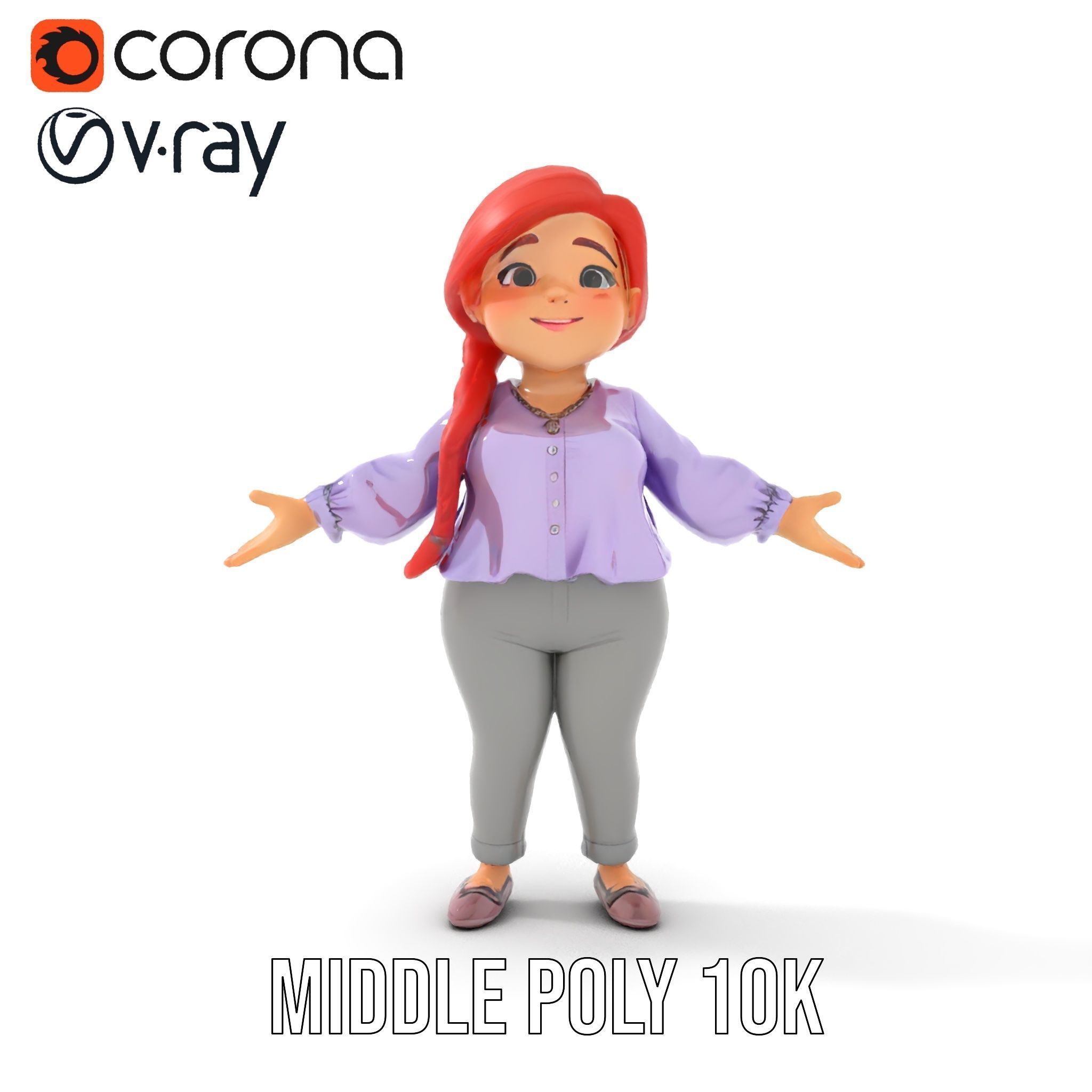 Rigged and Animated Redhead Cartoon Character in Casual Outfit Low-poly 3D model_18