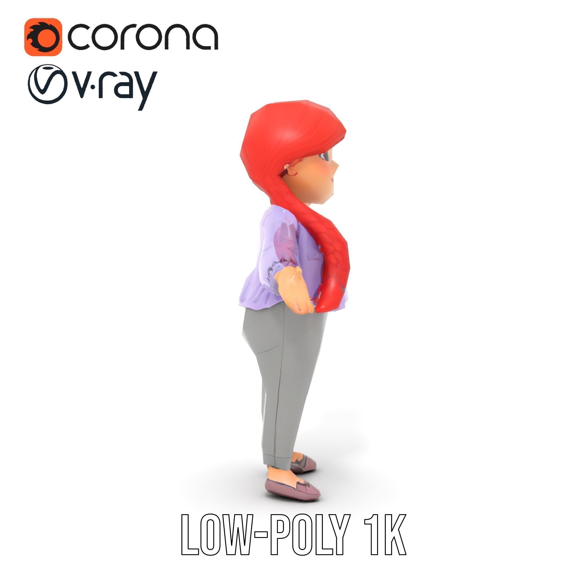Rigged and Animated Redhead Cartoon Character in Casual Outfit Low-poly 3D model_7