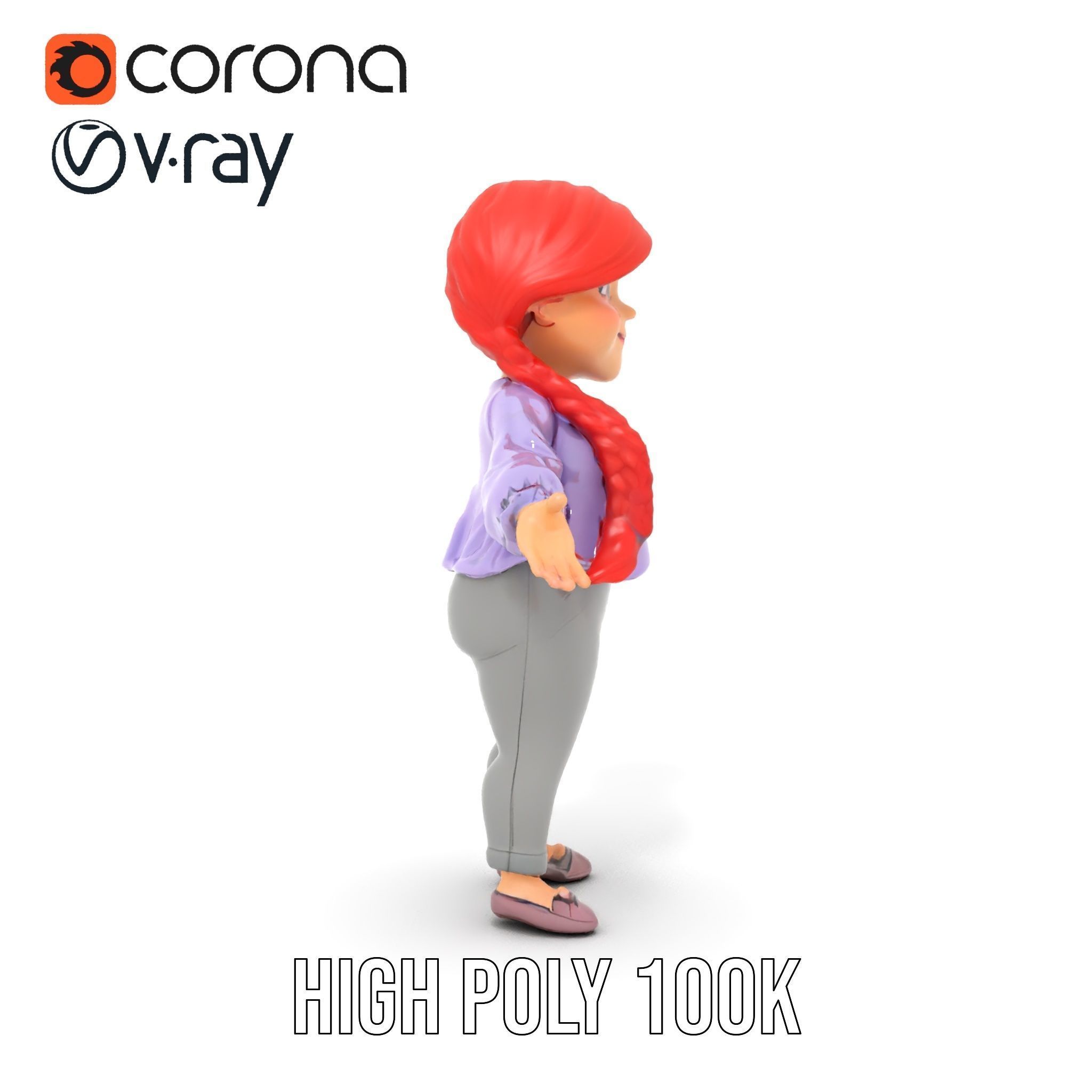 Rigged and Animated Redhead Cartoon Character in Casual Outfit Low-poly 3D model_20