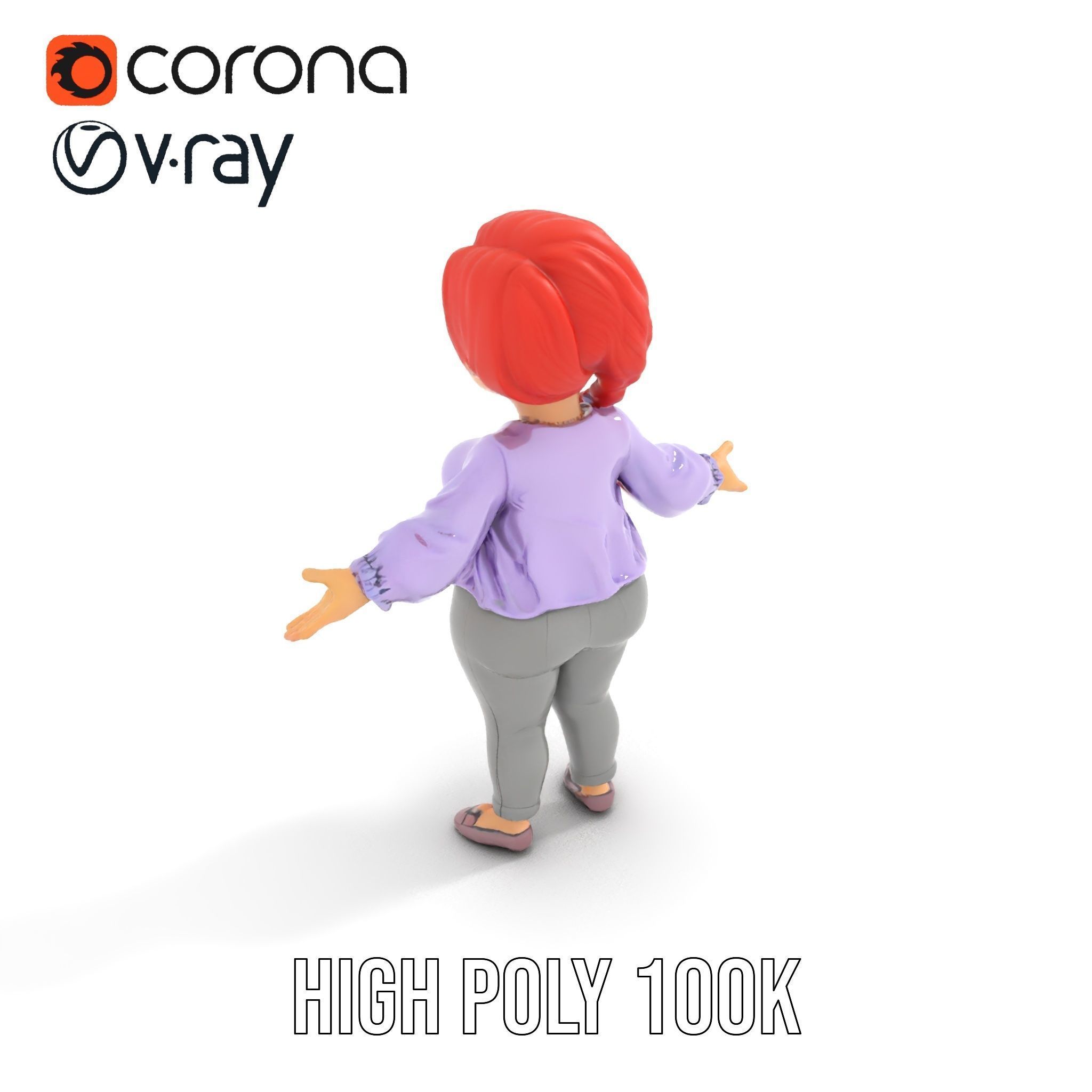 Rigged and Animated Redhead Cartoon Character in Casual Outfit Low-poly 3D model_11