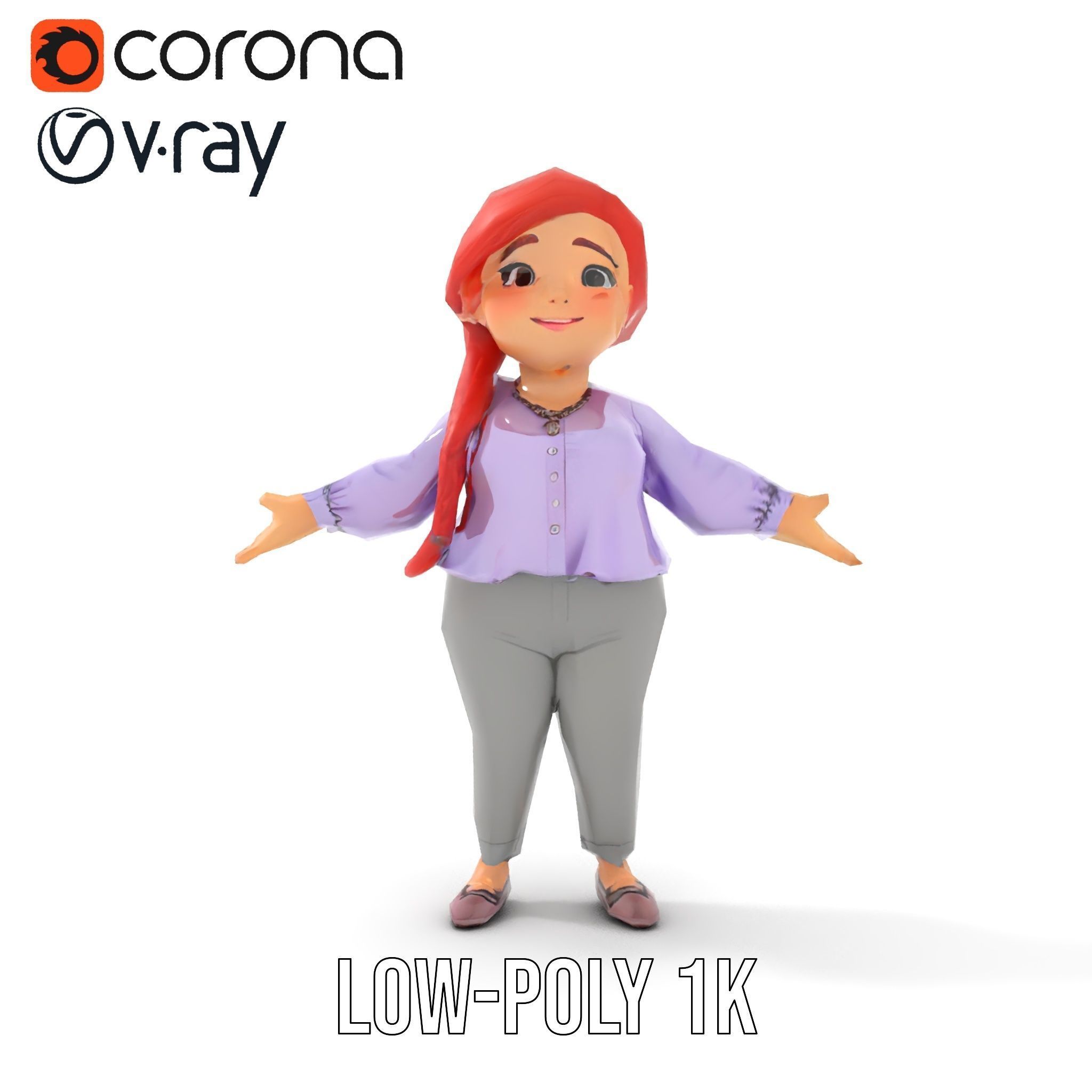 Rigged and Animated Redhead Cartoon Character in Casual Outfit Low-poly 3D model_16