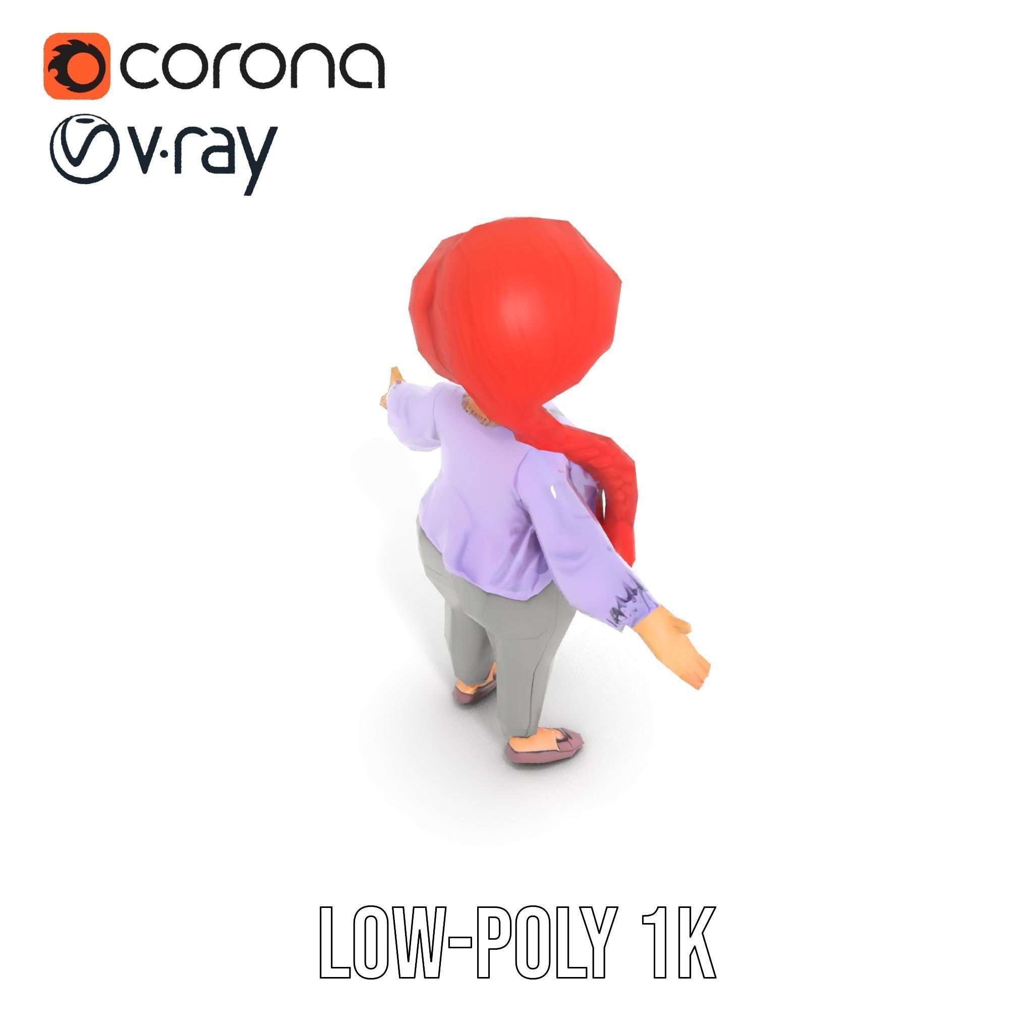 Rigged and Animated Redhead Cartoon Character in Casual Outfit Low-poly 3D model_8