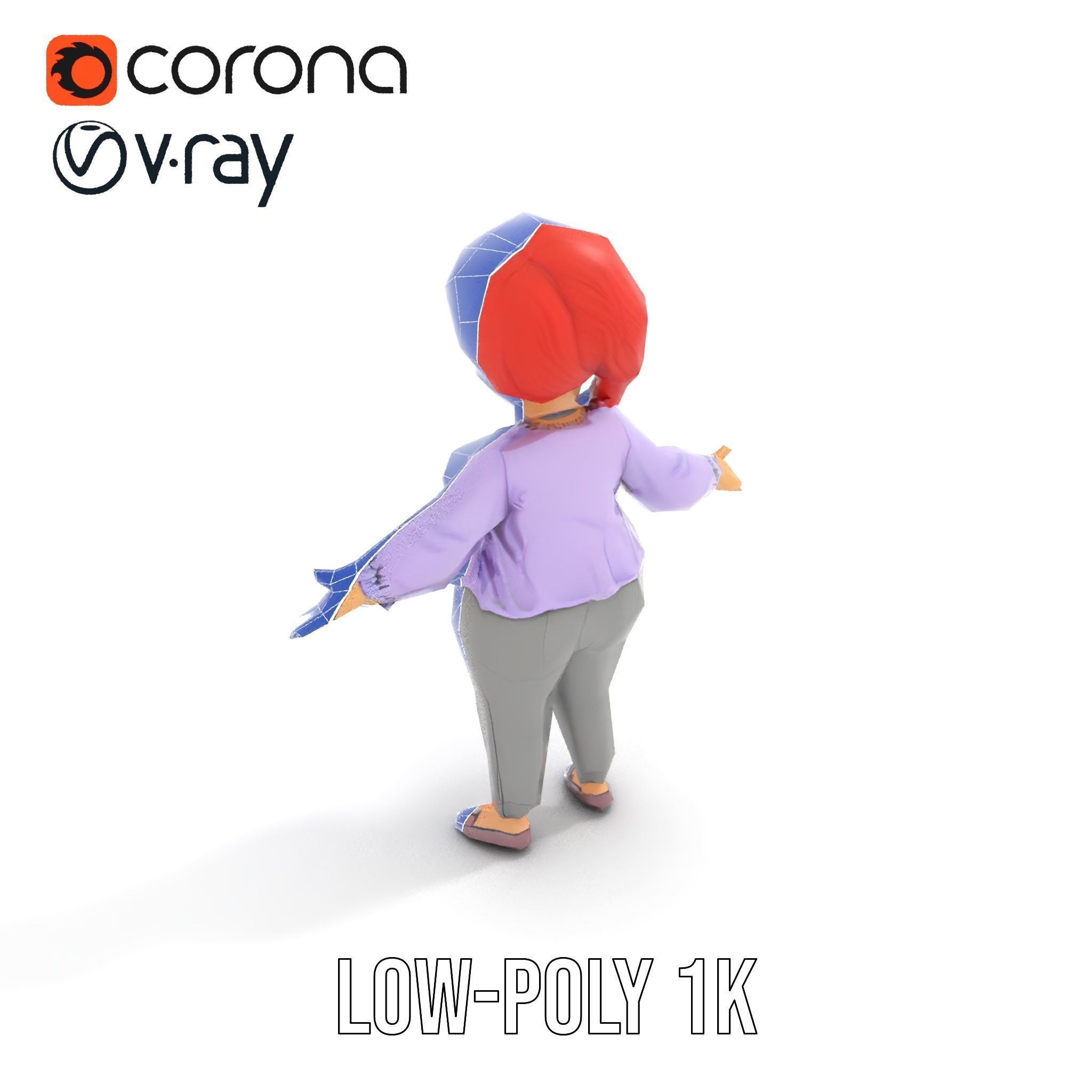 Rigged and Animated Redhead Cartoon Character in Casual Outfit Low-poly 3D model_27