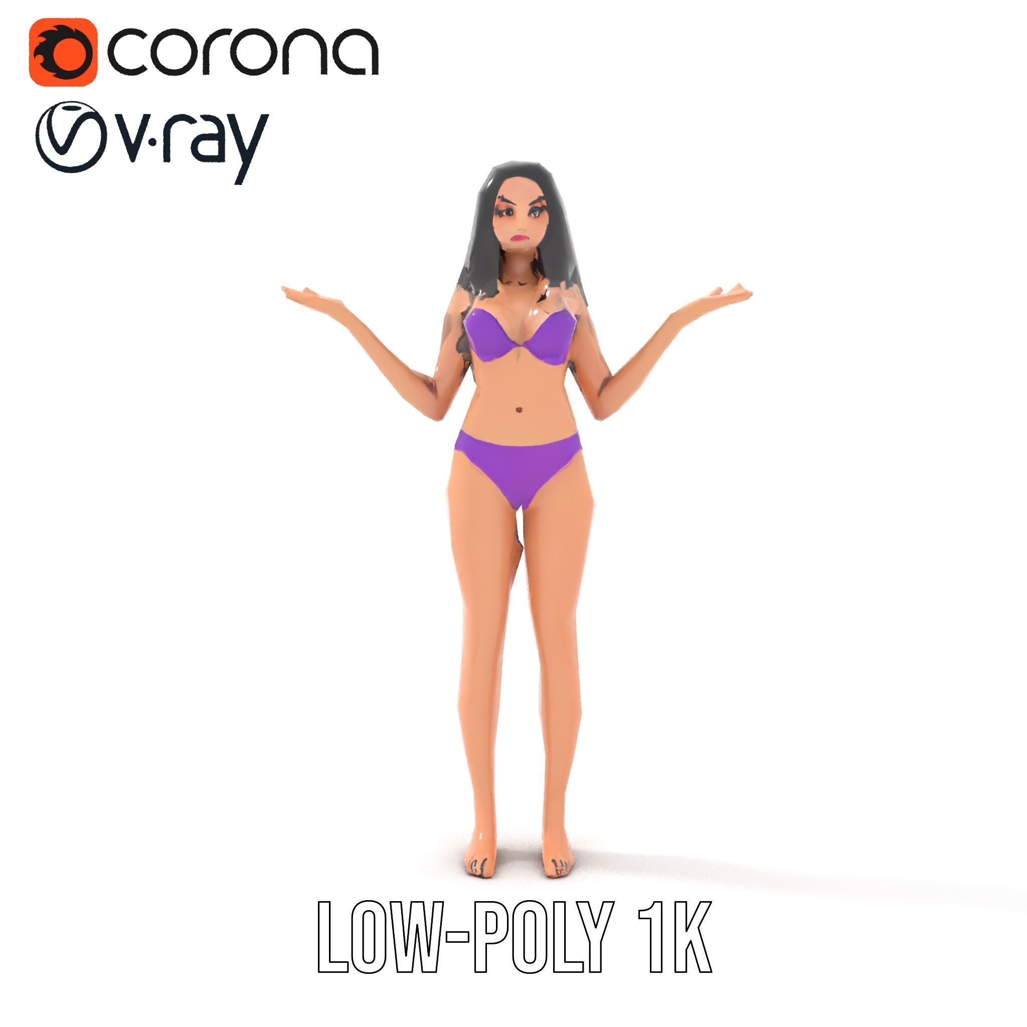 D Female Character Model in Purple Outfit Rigged and Animated Low-poly 3D model_11