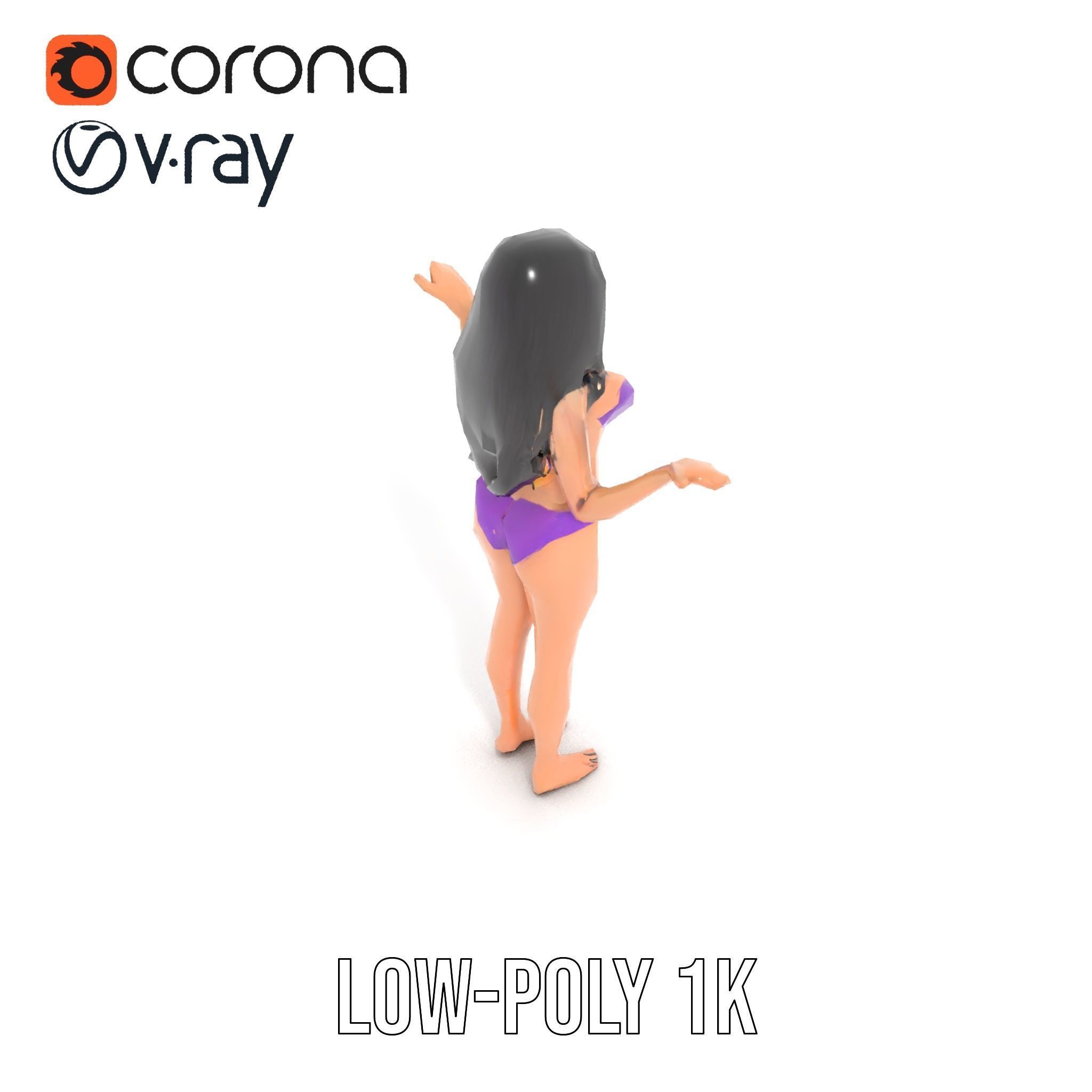 D Female Character Model in Purple Outfit Rigged and Animated Low-poly 3D model_7