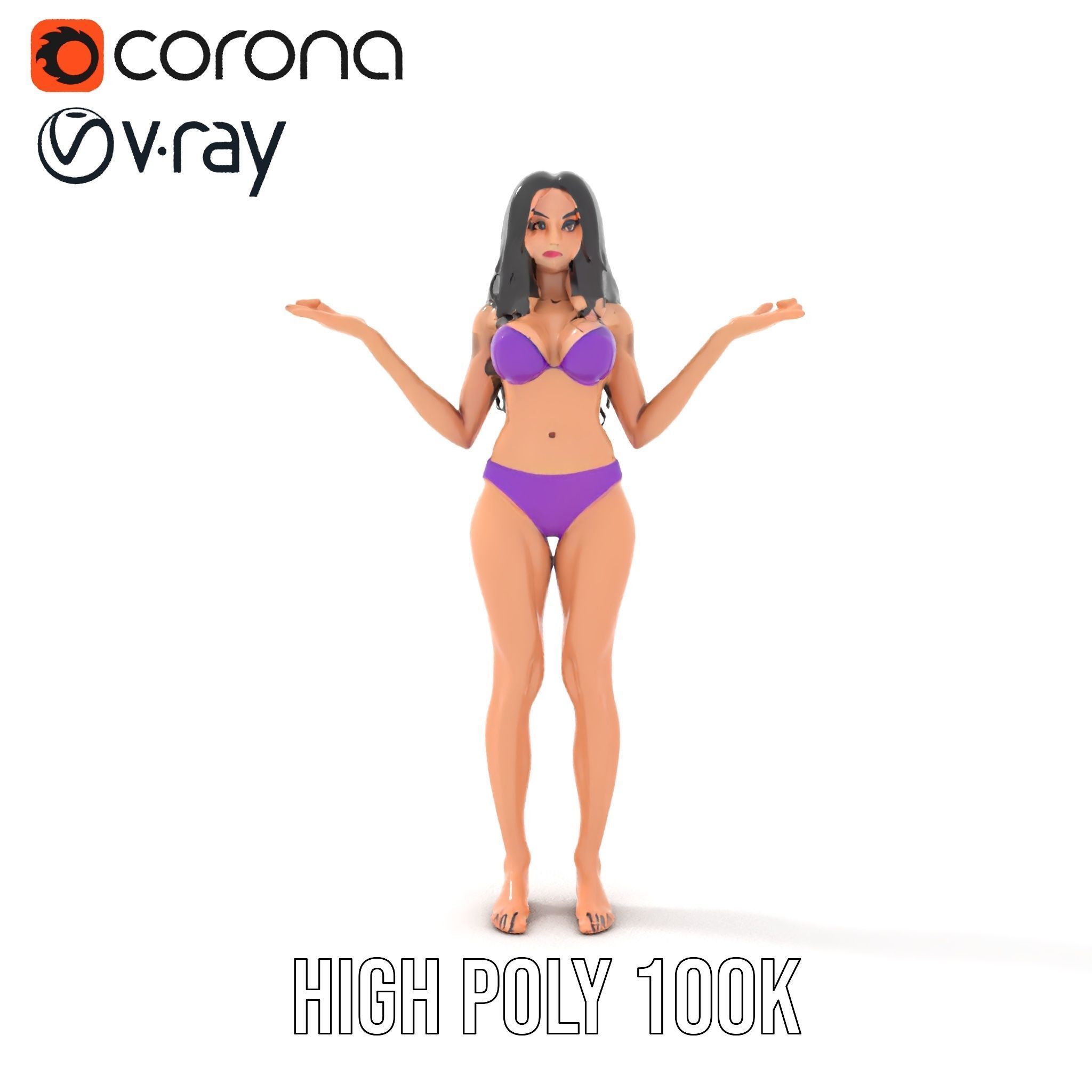 D Female Character Model in Purple Outfit Rigged and Animated Low-poly 3D model_17