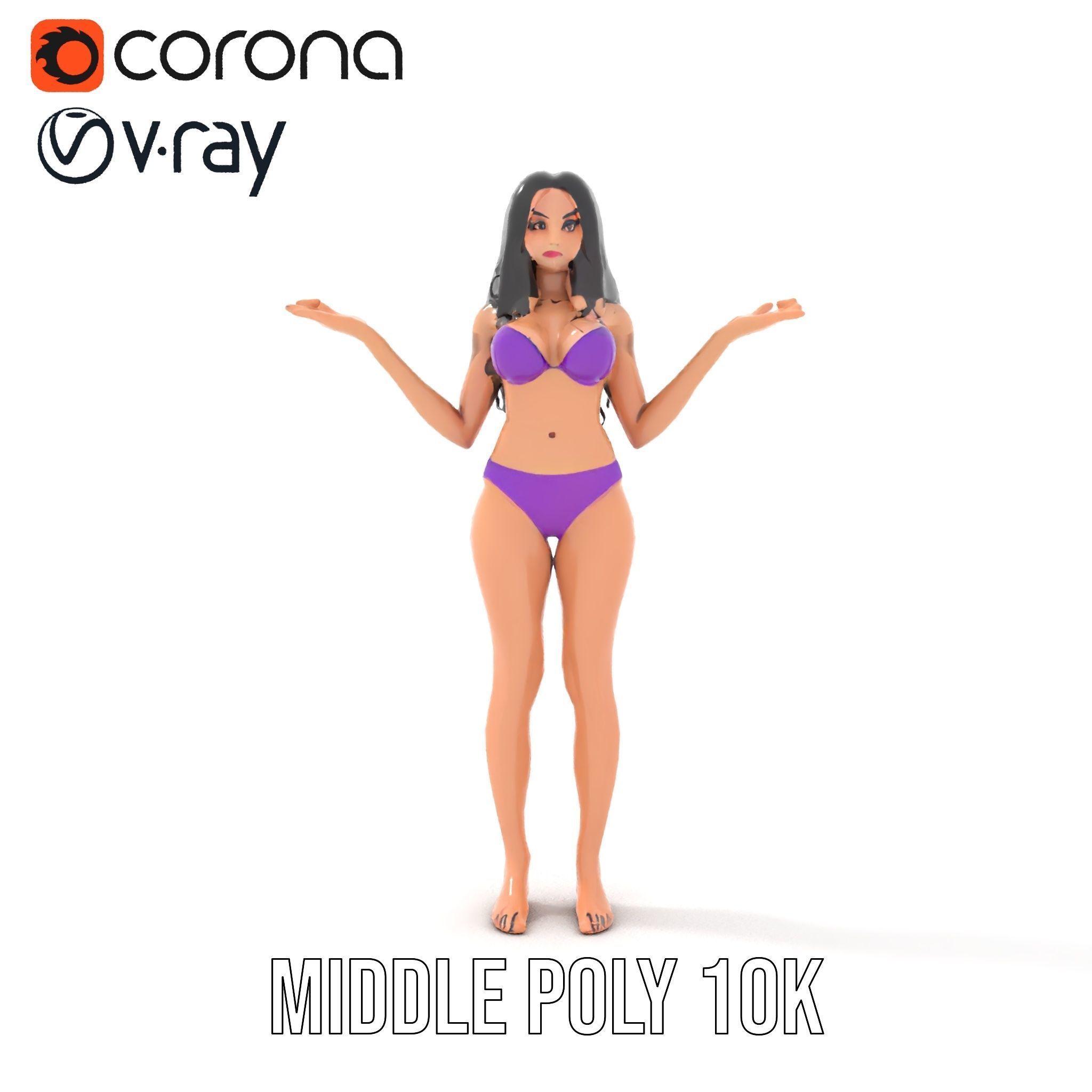 D Female Character Model in Purple Outfit Rigged and Animated Low-poly 3D model_13