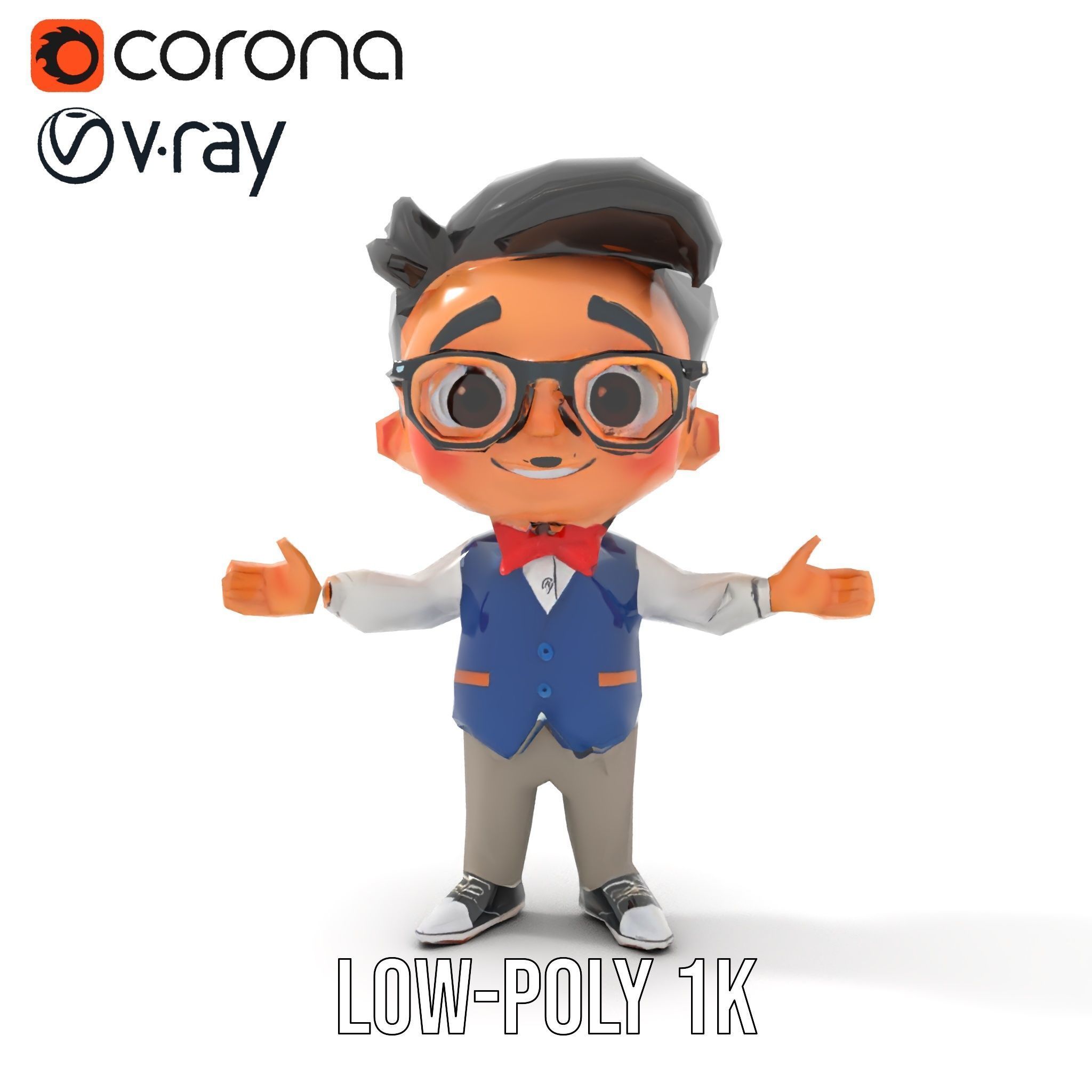 Young Scholar Character Rigged and Animated with Glasses and ... Low-poly 3D model_7