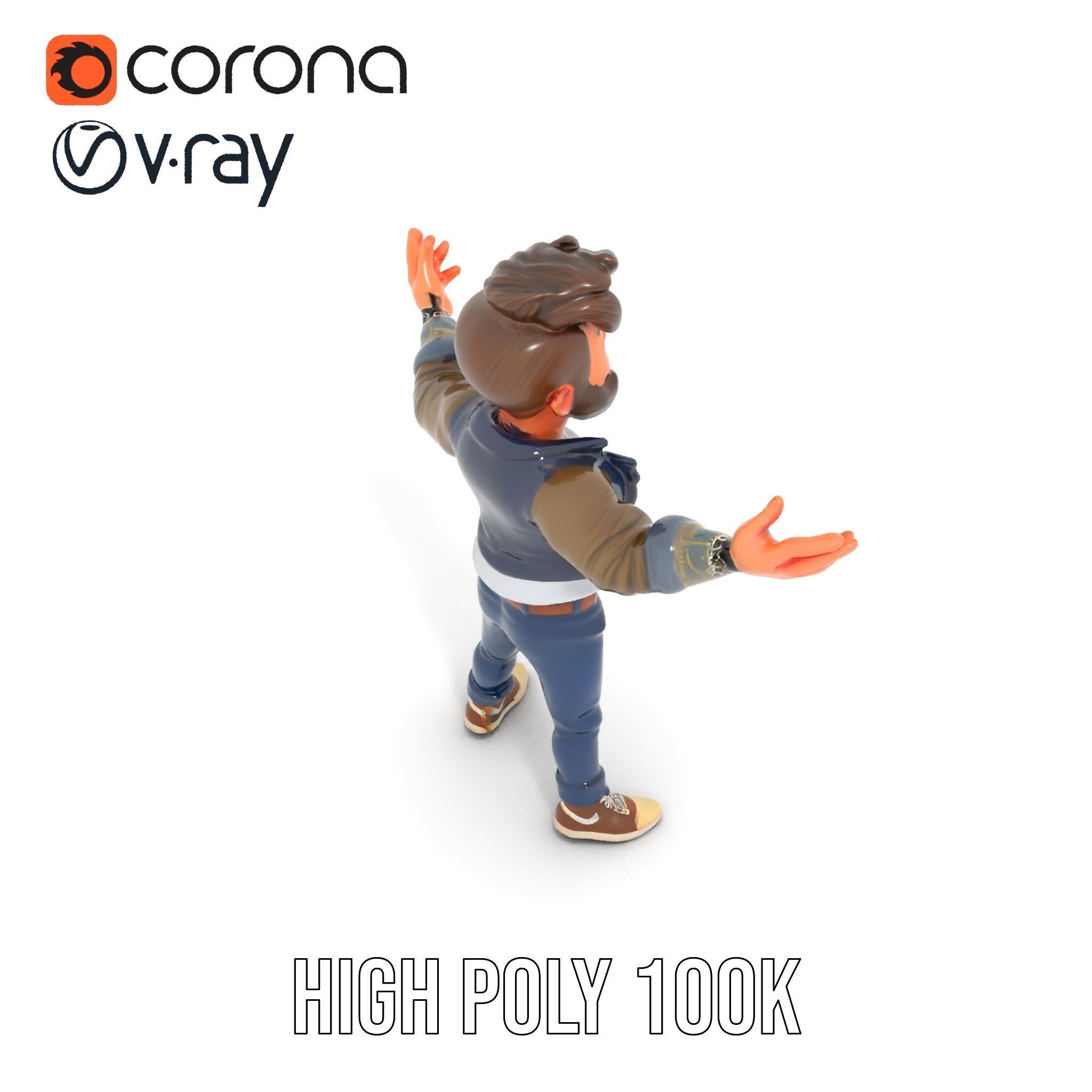 Casual Bearded Man Character  Rigged and Animated Low-poly 3D model_12