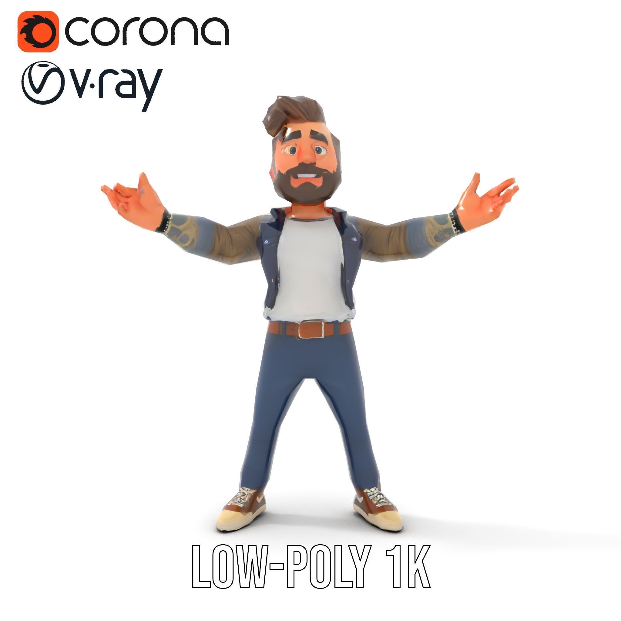 Casual Bearded Man Character  Rigged and Animated Low-poly 3D model_16