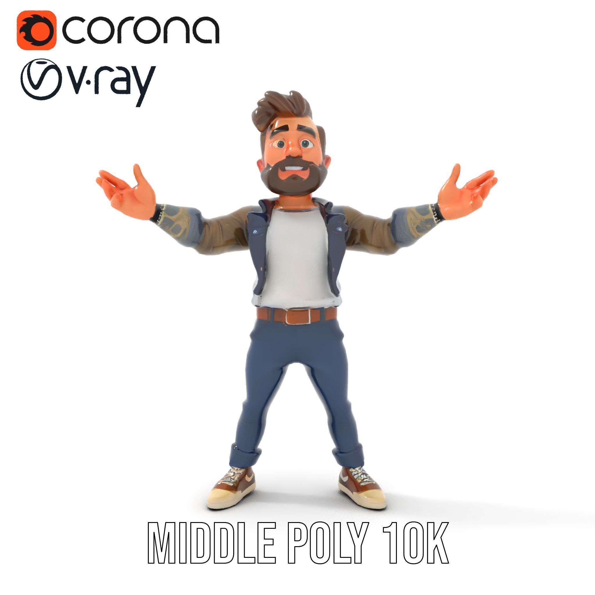 Casual Bearded Man Character  Rigged and Animated Low-poly 3D model_13