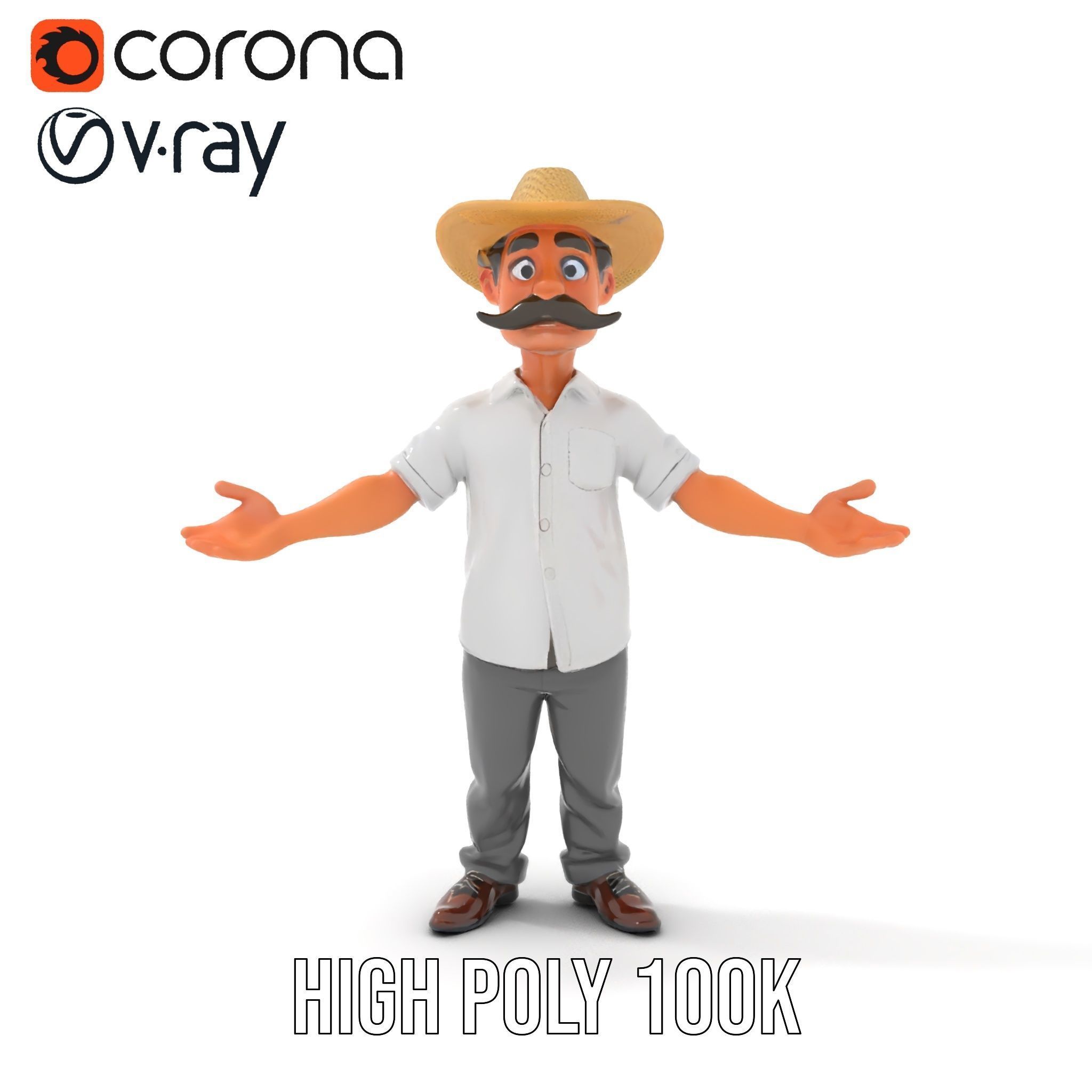 Cartoon Farmer with Hat and Mustache Rigged and Animated Low-poly 3D model_14