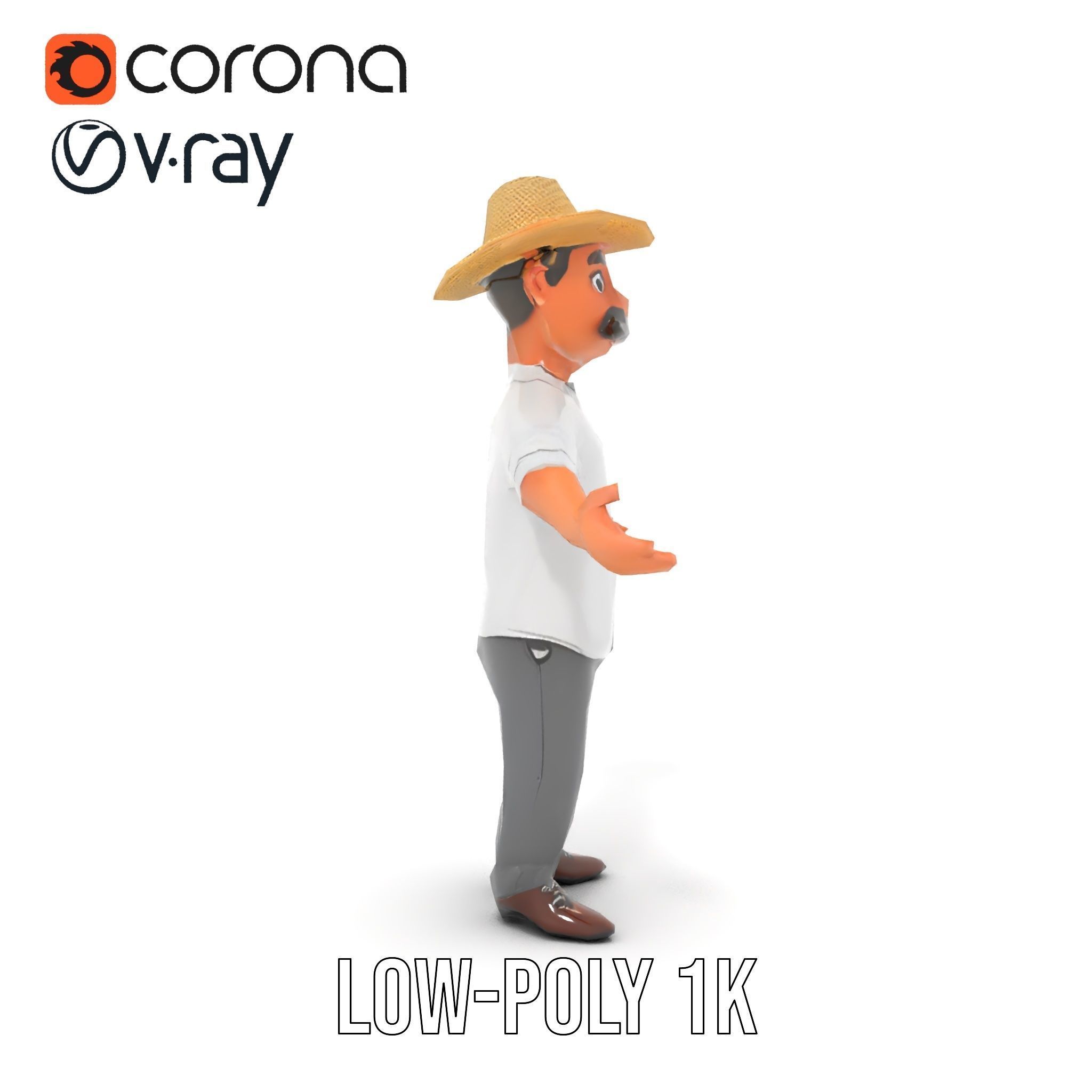 Cartoon Farmer with Hat and Mustache Rigged and Animated Low-poly 3D model_10