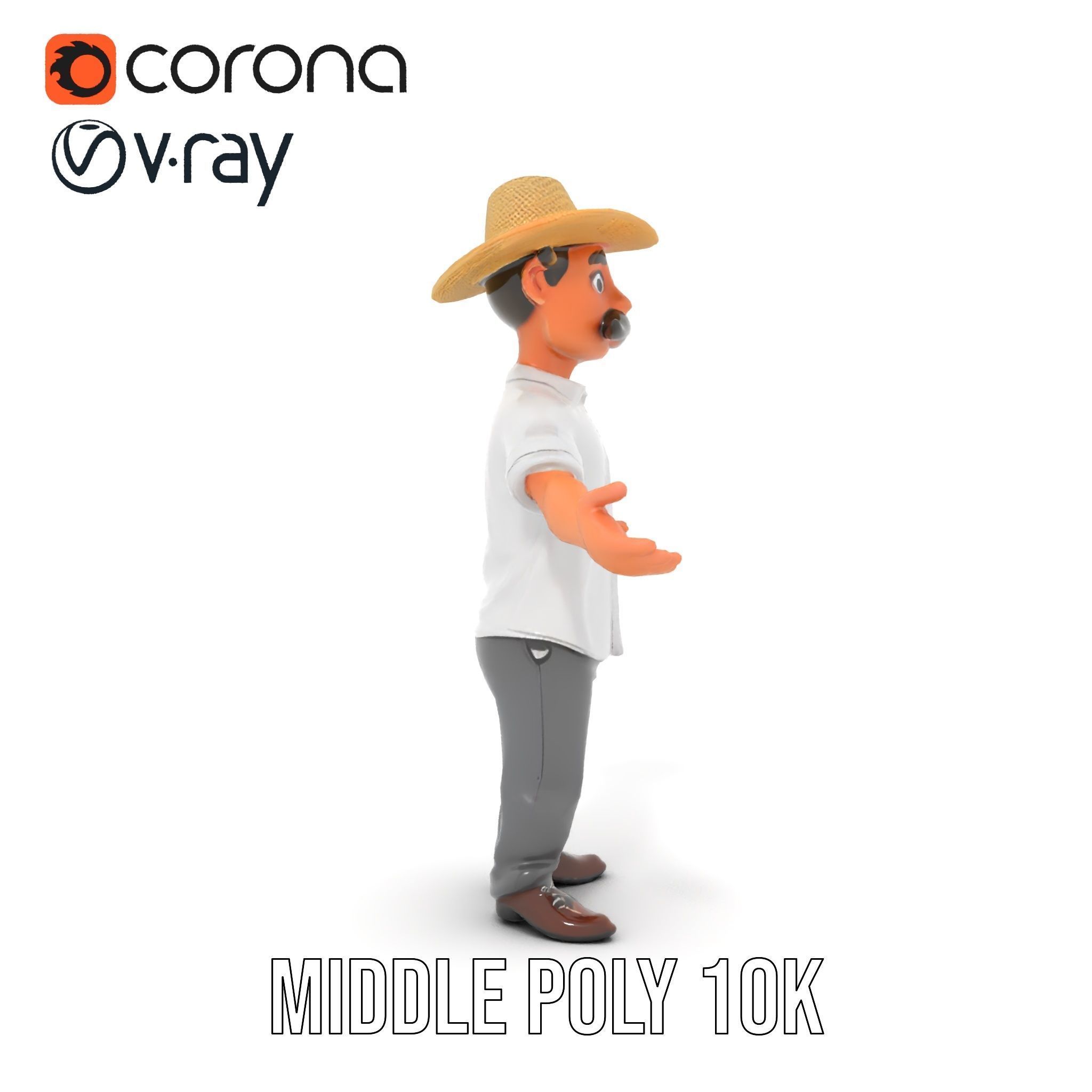 Cartoon Farmer with Hat and Mustache Rigged and Animated Low-poly 3D model_24