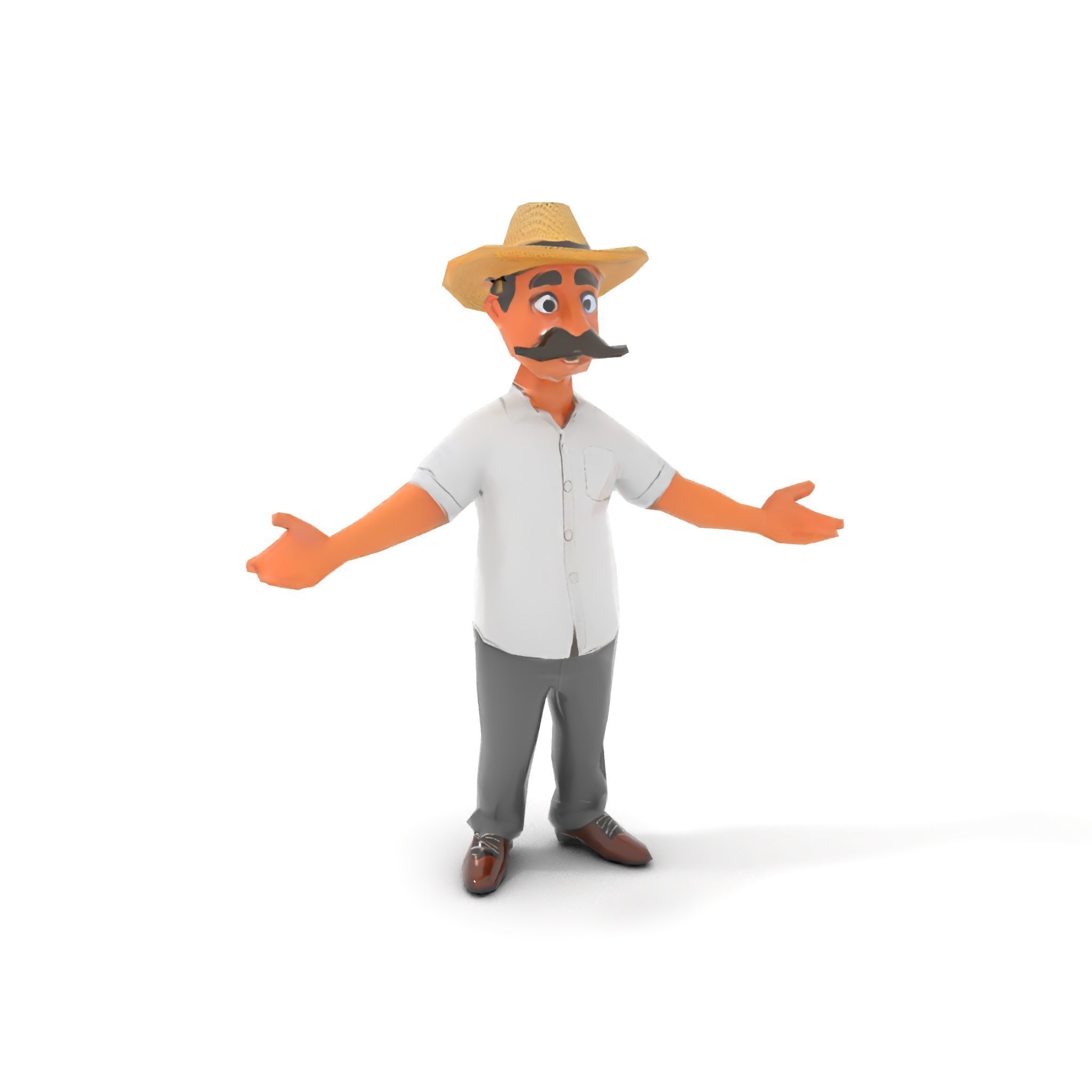 Cartoon Farmer with Hat and Mustache Rigged and Animated Low-poly 3D model_16